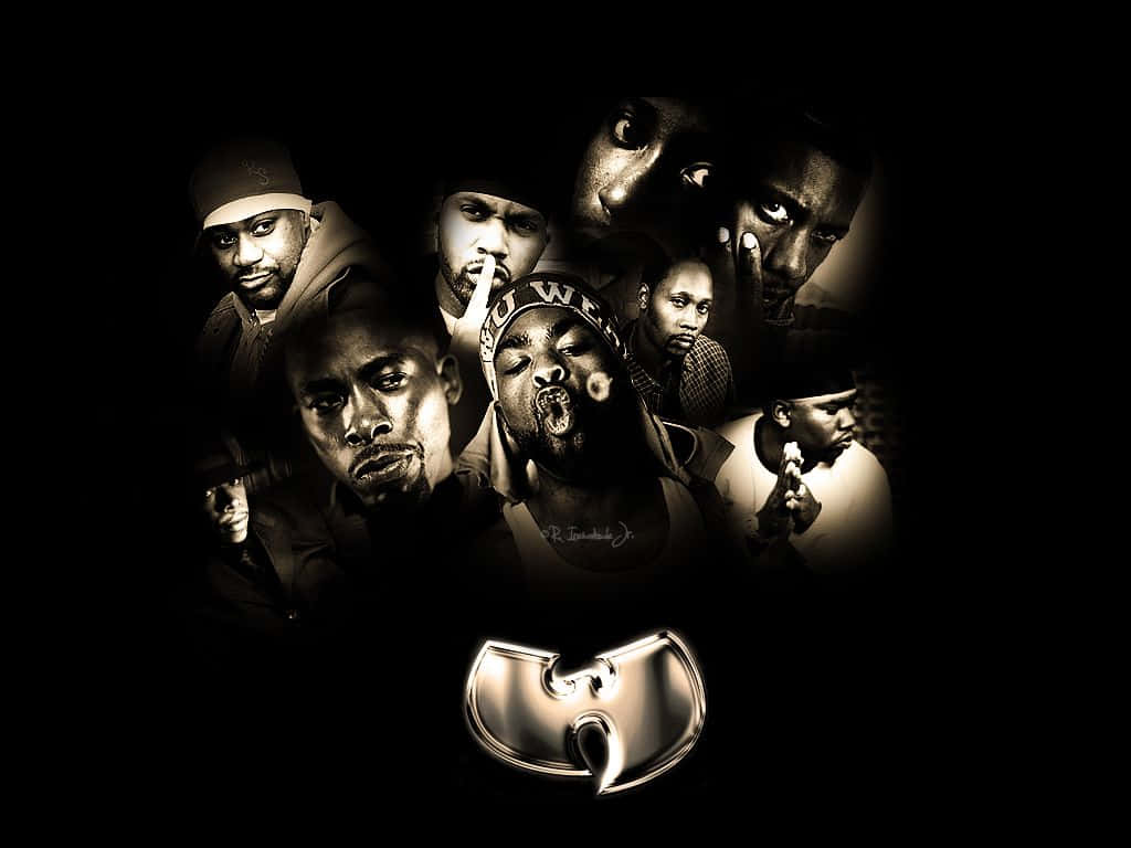 Dead Rappers 桌布 壁紙 — 一張戲劇性的黑白拼貼畫，展示Wu-Tang Clan成員的強烈表情，底部有金屬質感的Wu標誌。