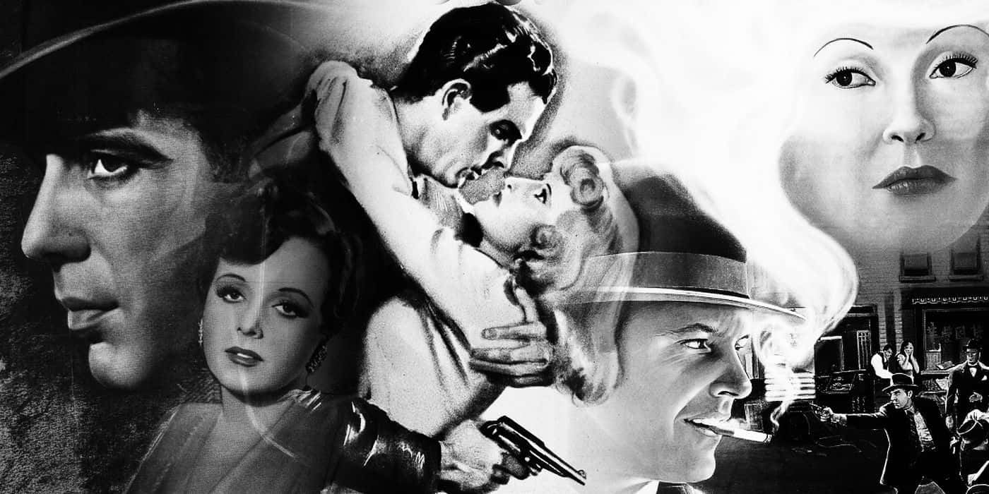 Film Noir 桌布 壁紙 — 一張戲劇性的黑白拼貼畫，描繪了復古黑色電影角色，表情強烈，抽著香煙。