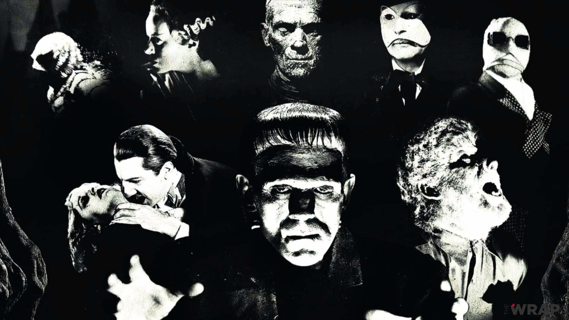 Horror Icons 桌布 壁紙 — 一張戲劇性的黑白拼貼畫，描繪經典恐怖電影怪物，包括科學怪人和狼人。