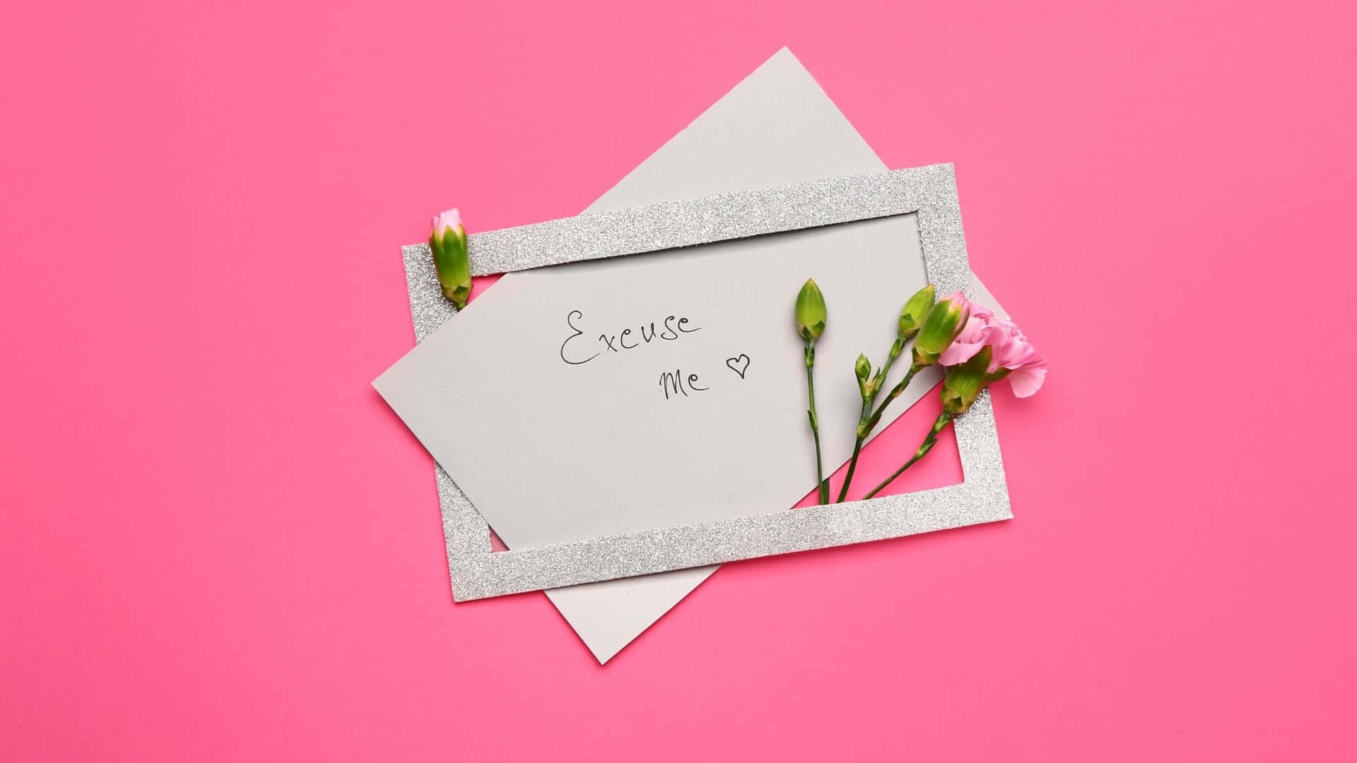 Pink Flowers 桌布 壁紙 — 一張手寫便條寫著「Excuse Me」，放在閃閃發光的銀色相框內，旁邊是粉紅色康乃馨，背景是充滿活力的粉紅色。