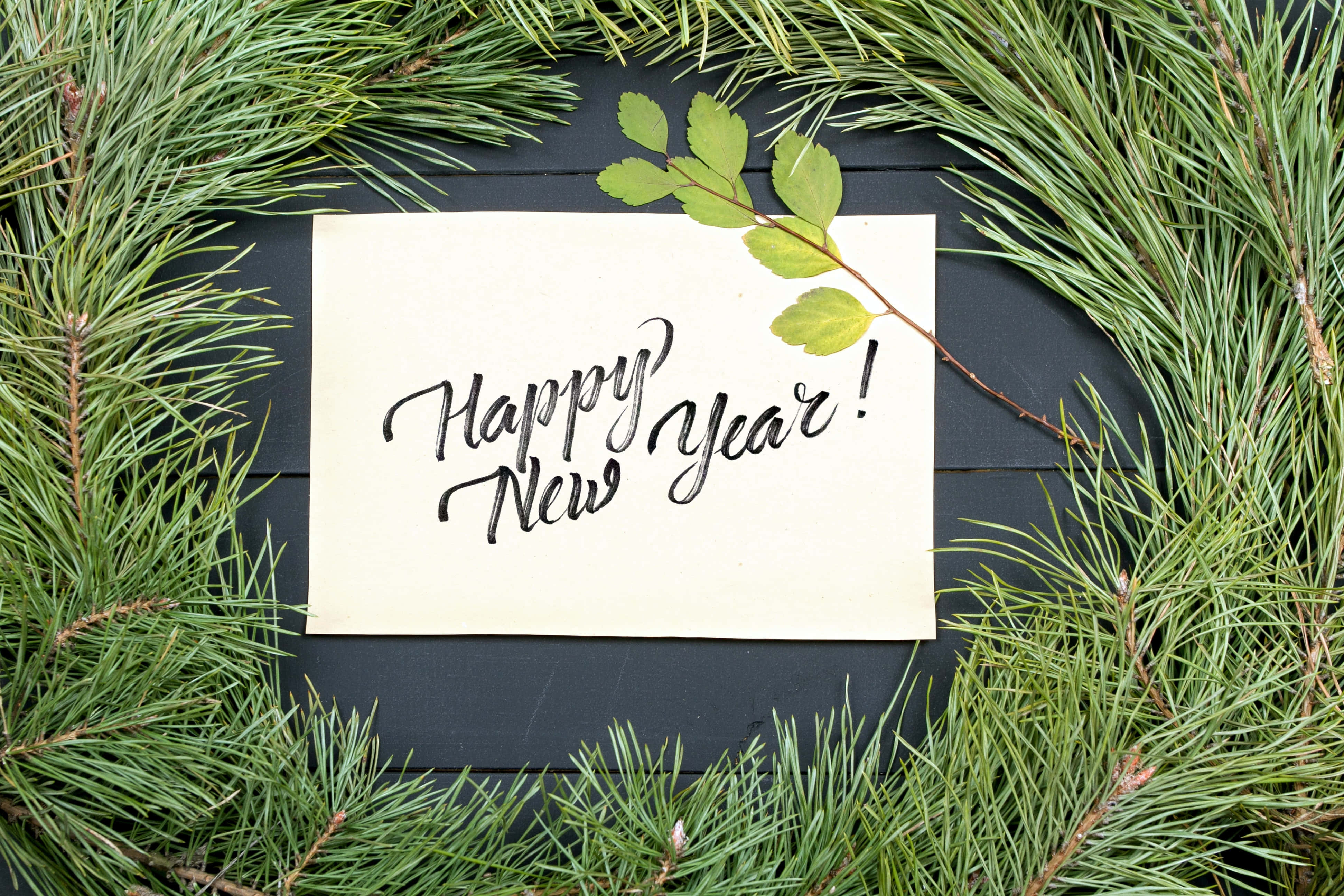 新年 桌布 壁紙 — 一張手寫的「新年快樂！」便條，放在奶油色紙上，以新鮮松針和綠色樹枝環繞，置於深色木頭上。