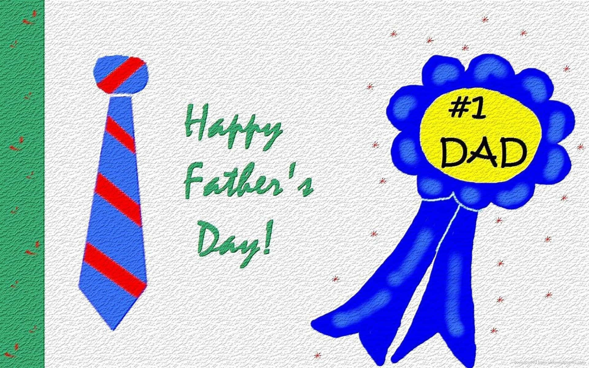 father's day 桌布 壁紙 — 一張手繪父親節卡片，上面有藍紅條紋領帶和一個寫著 #1 DAD 的藍色絲帶徽章。