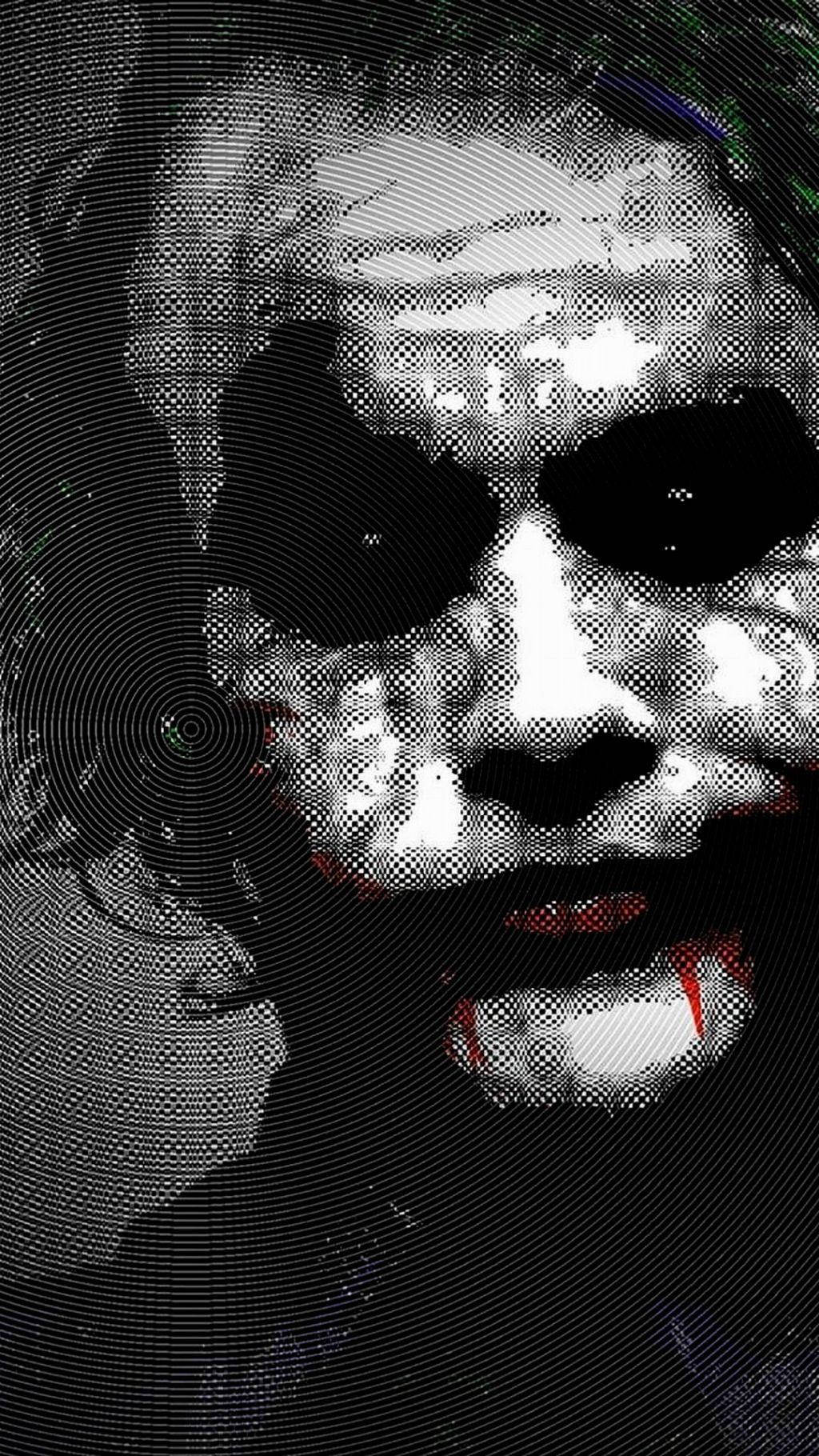 Black And White Joker 桌布 壁紙 — 一張扭曲的臉，帶有黑色眼眶和紅色嘴唇，以故障半色調圖案呈現。