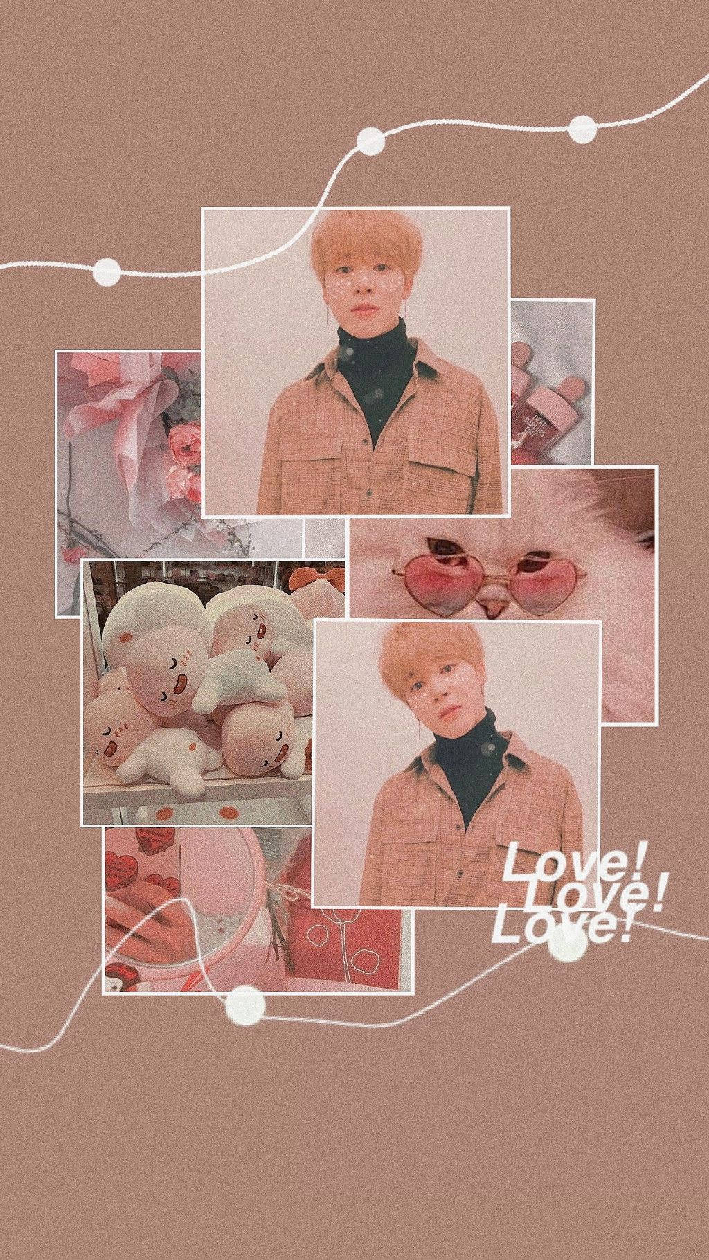 Peach Aesthetic 桌布 壁紙 — 一張拼貼照片，包括穿著格子外套的人、絨毛玩具和戴心形眼鏡的貓，全部以柔和粉紅色背景襯托，並有「Love! Love!」文字。