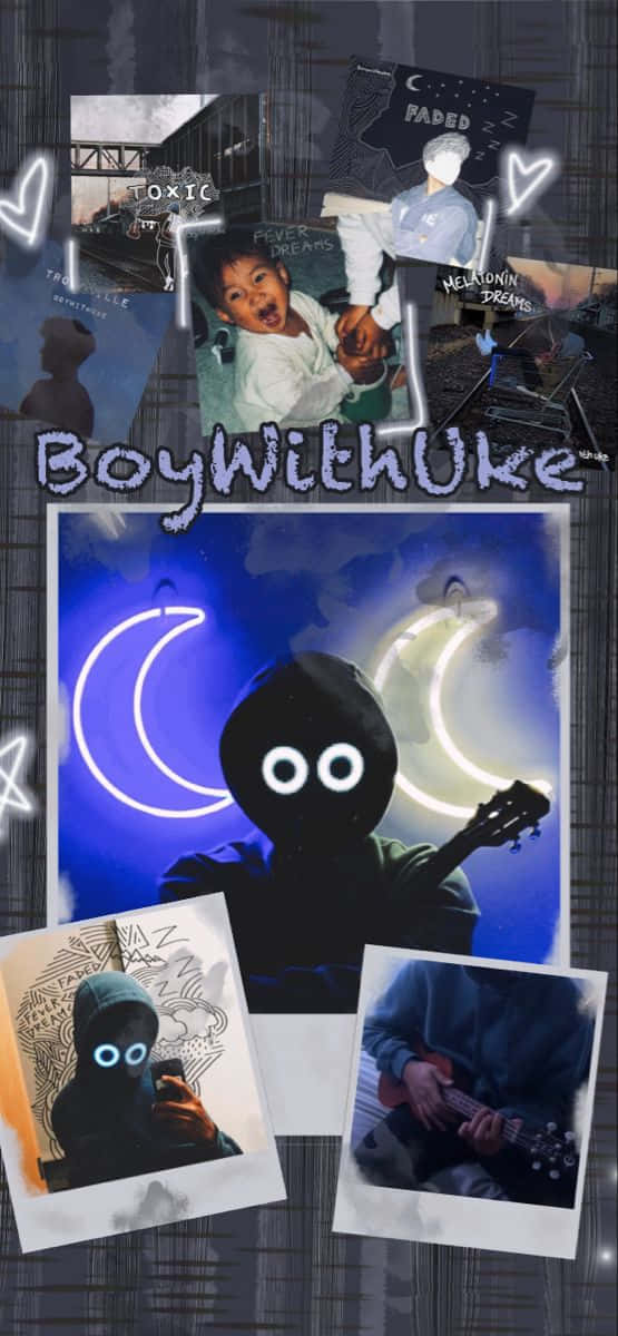 Boywithuke 桌布 壁紙 — 一張拼貼照片，展示一個男孩拿著烏克麗麗，背景是藍色月光，帶有霓虹新月和塗鴉風格文字。