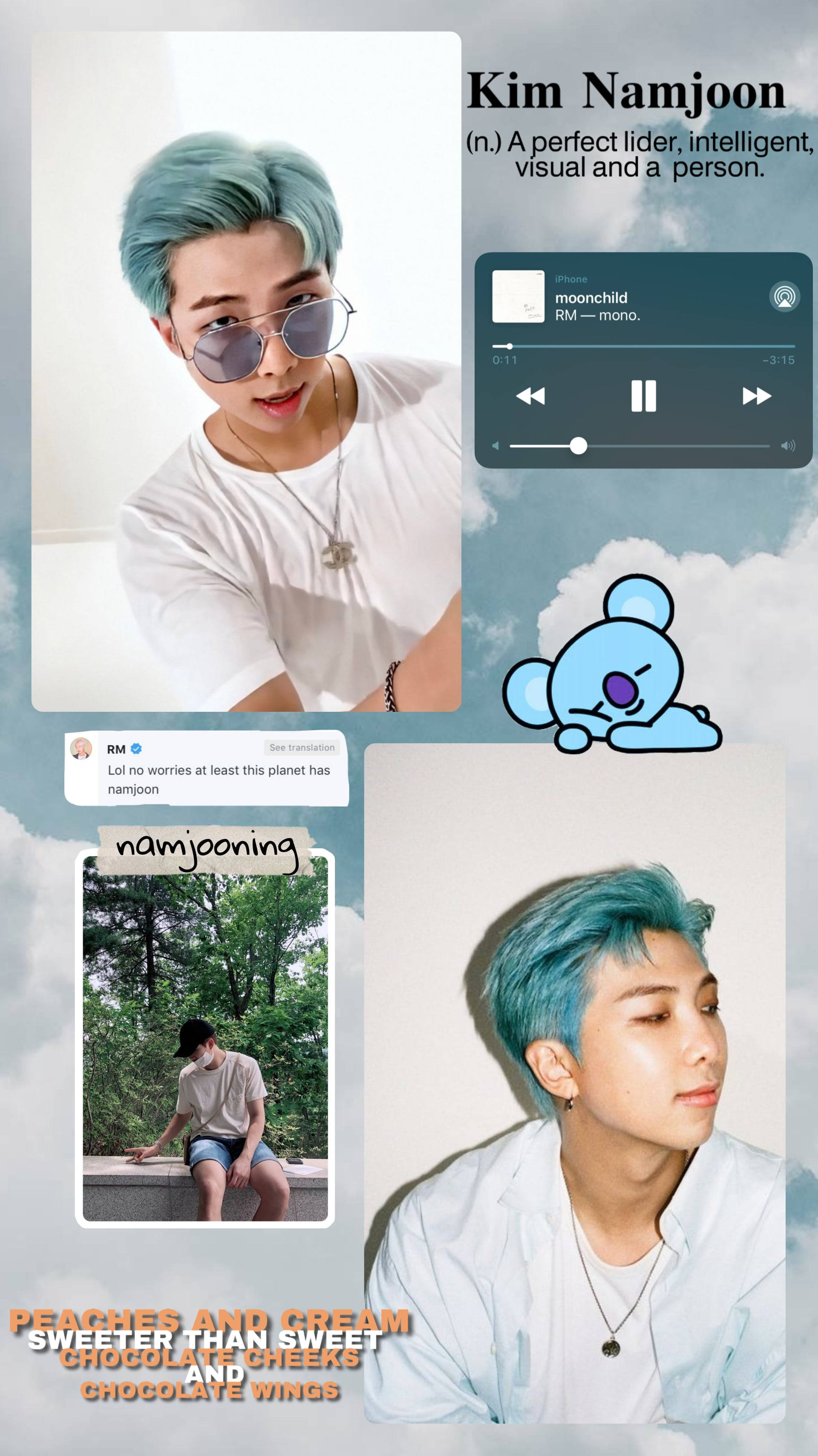 Rm 桌布 壁紙 — 一張拼貼畫， featuring Kim Namjoon 擁有青綠色頭髮和太陽眼鏡，疊加社交媒體貼文和一個卡通角色，背景是陰天。