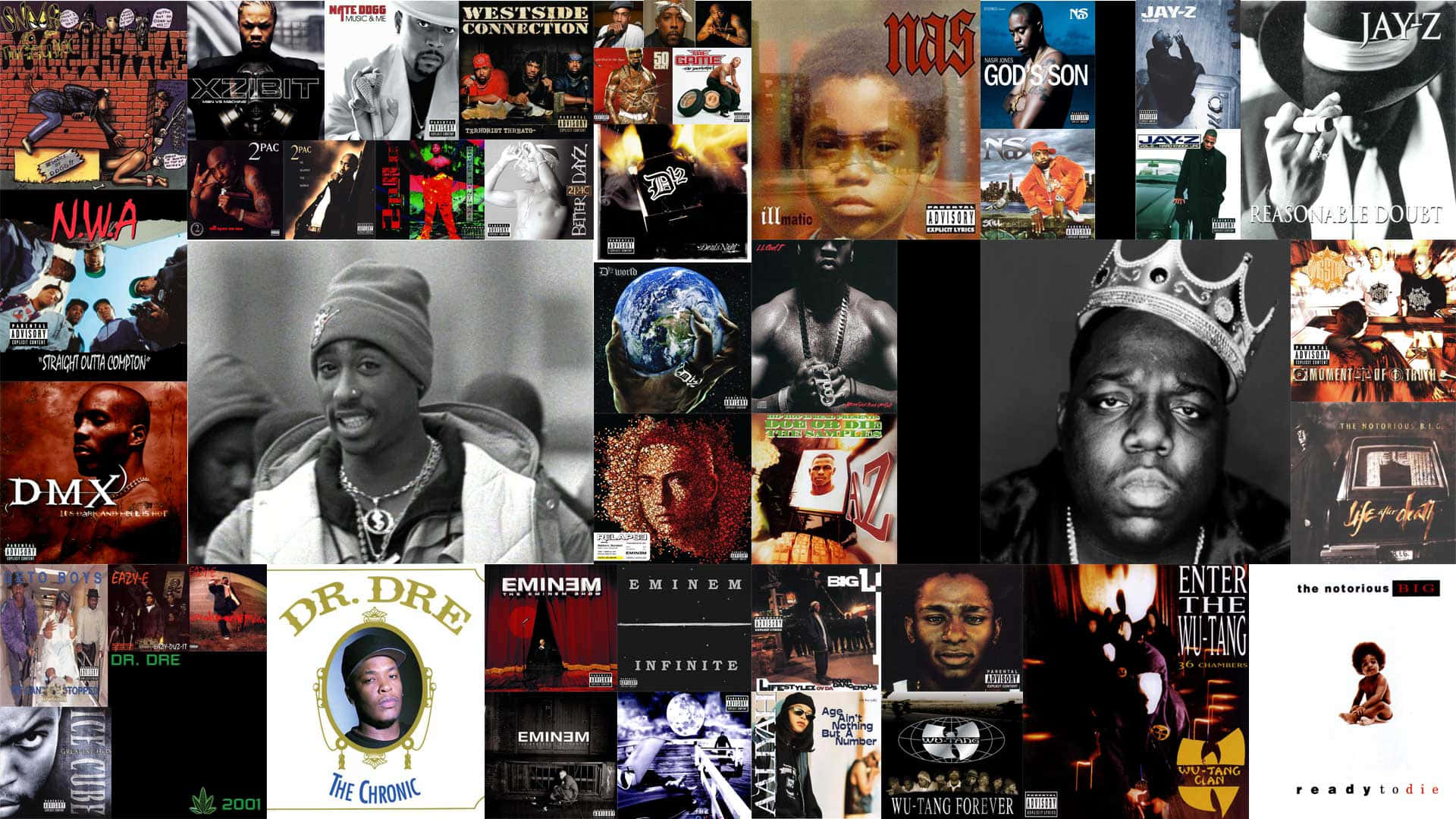 Hip Hop Rappers 桌布 壁紙 — 一張拼貼畫，展示標誌性嘻哈專輯封面，包括 Nas、DMX 和 Jay Z 等藝人，採用粗體字體和粗糙的城市意象。