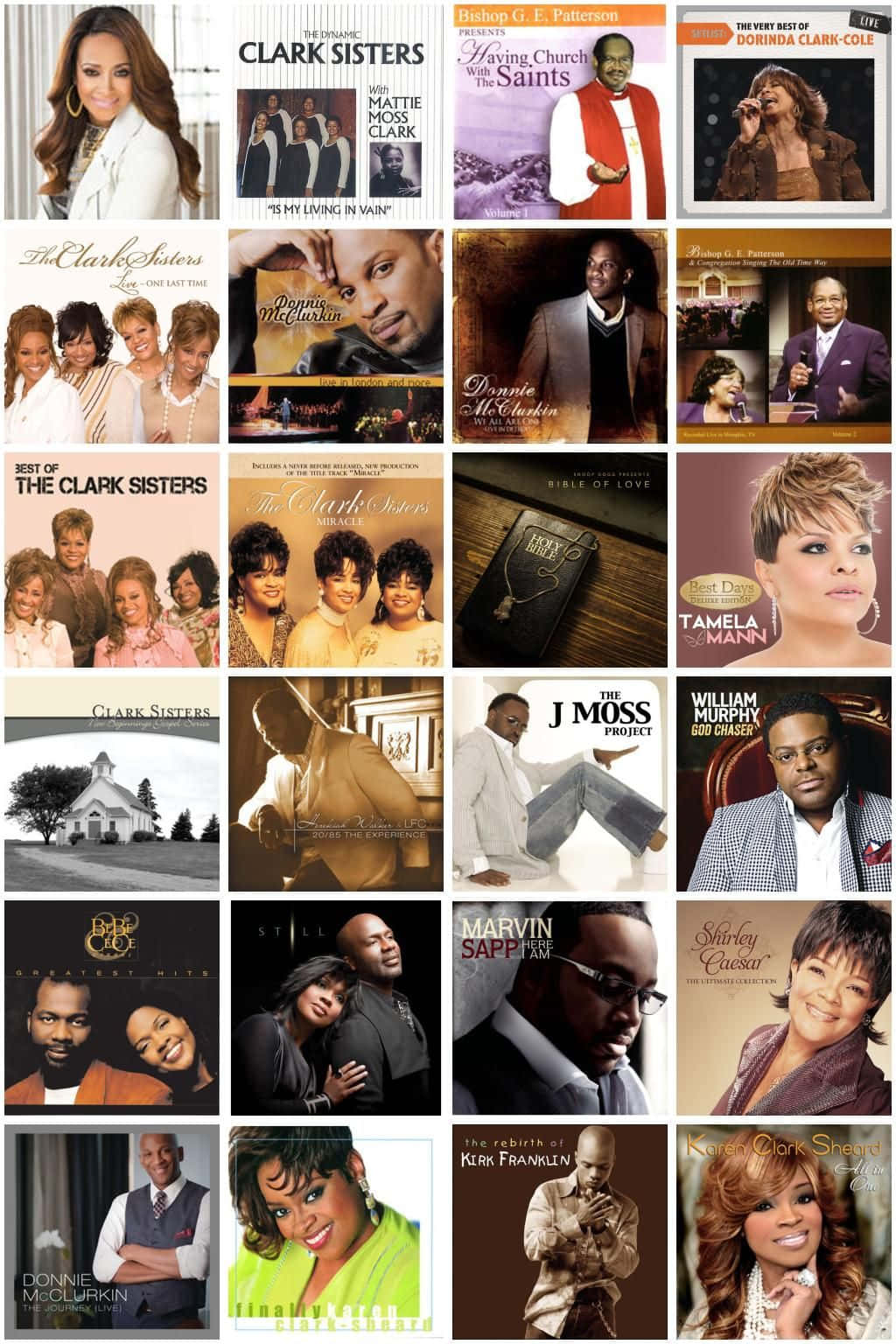 Gospel Music 桌布 壁紙 — 一張拼貼畫，展示福音音樂專輯封面，包括 The Clark Sisters 和 Kirk Franklin 等藝術家在工作室肖像和教堂場景中的照片。