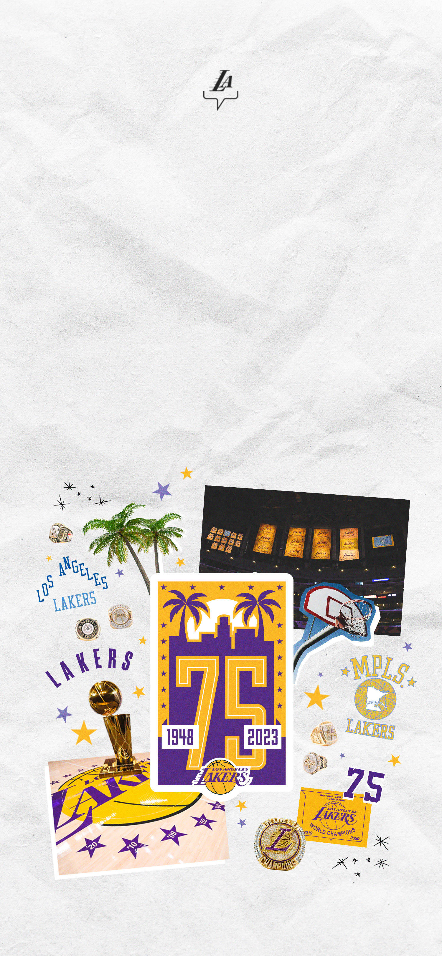 Lakers iPhone 桌布 壁紙 — 一張拼貼畫，慶祝洛杉磯湖人隊75週年，以復古標誌、獎盃和棕櫚樹圖案為特色，背景為皺巴巴的紙張。