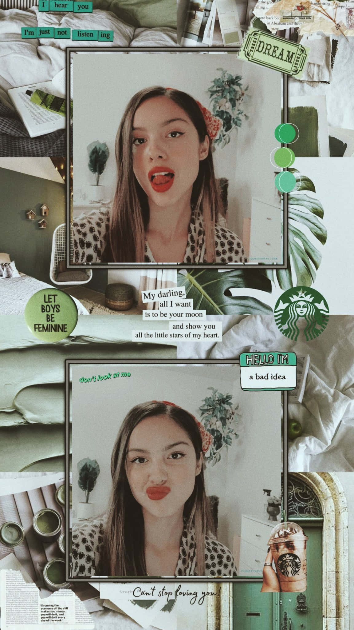 Olivia Rodrigo Aesthetic 桌布 壁紙 — 一張拼貼畫，由兩張紅唇女性的自拍照組成，周圍環繞著綠色語錄和星巴克品牌標誌。