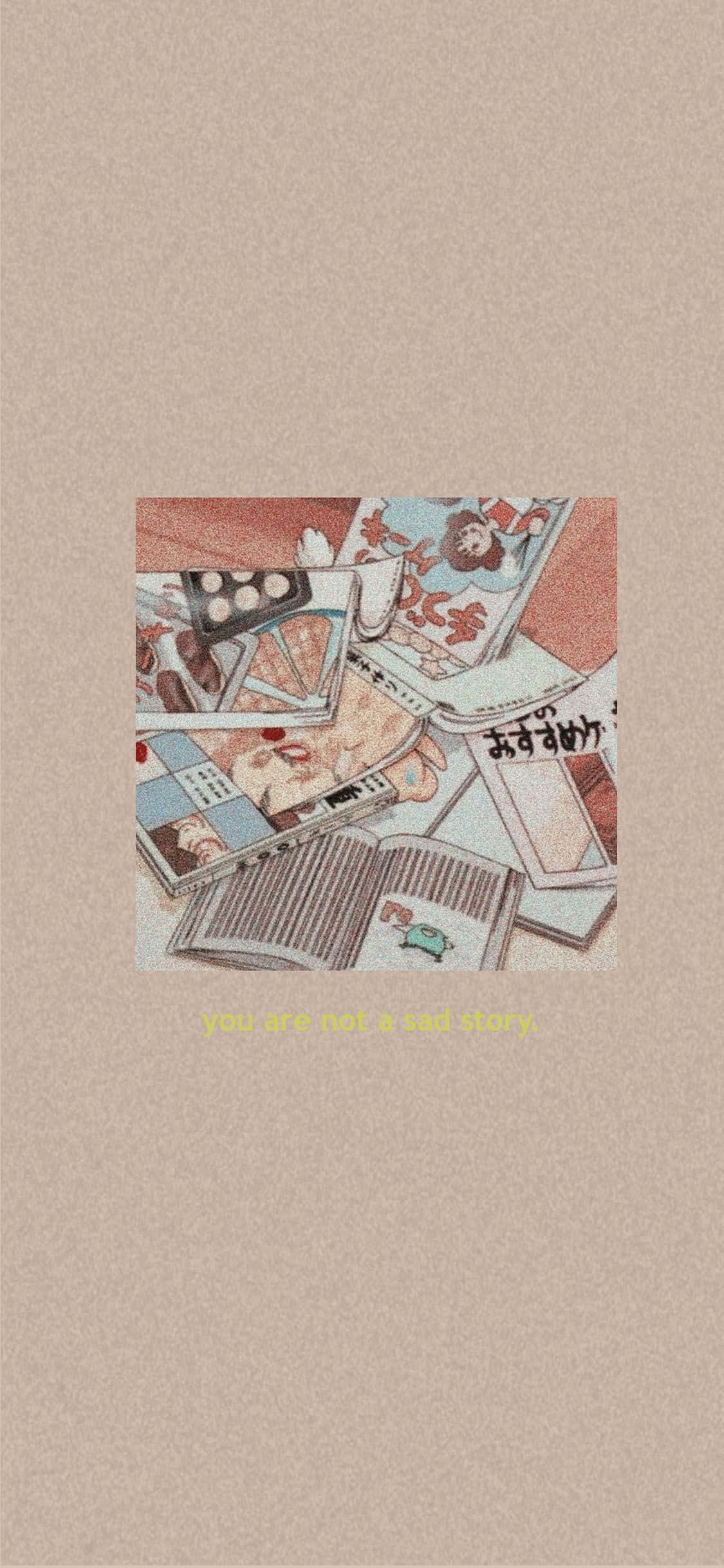 90s Anime Aesthetic 桌布 壁紙 — 一張拼貼畫，由插圖漫畫面板和書籍散落在米色背景上，並附有短語「你不是一個悲傷的故事」。
