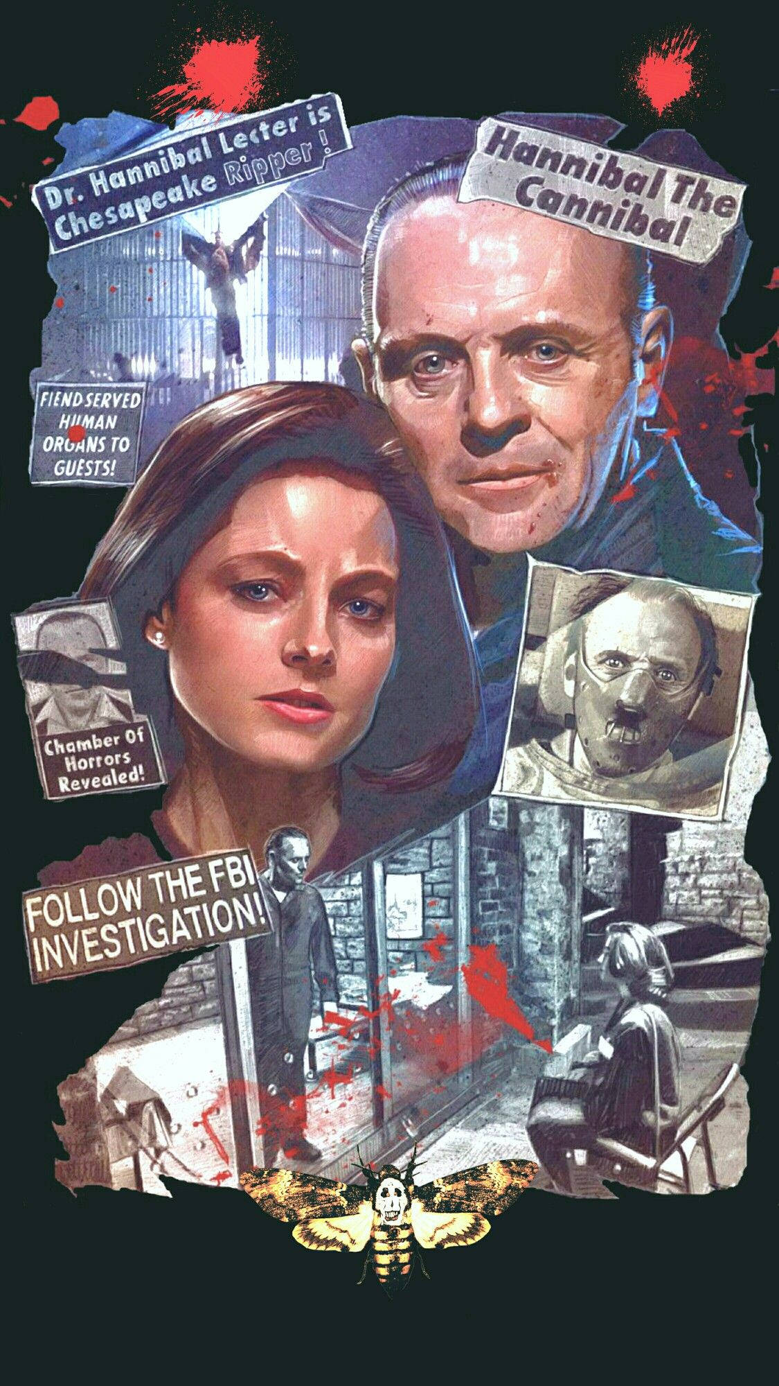 silence 桌布 壁紙 — 一張拼貼風格的恐怖海報， featuring Hannibal Lecter，帶有血跡和揭示其罪行的文字疊加。