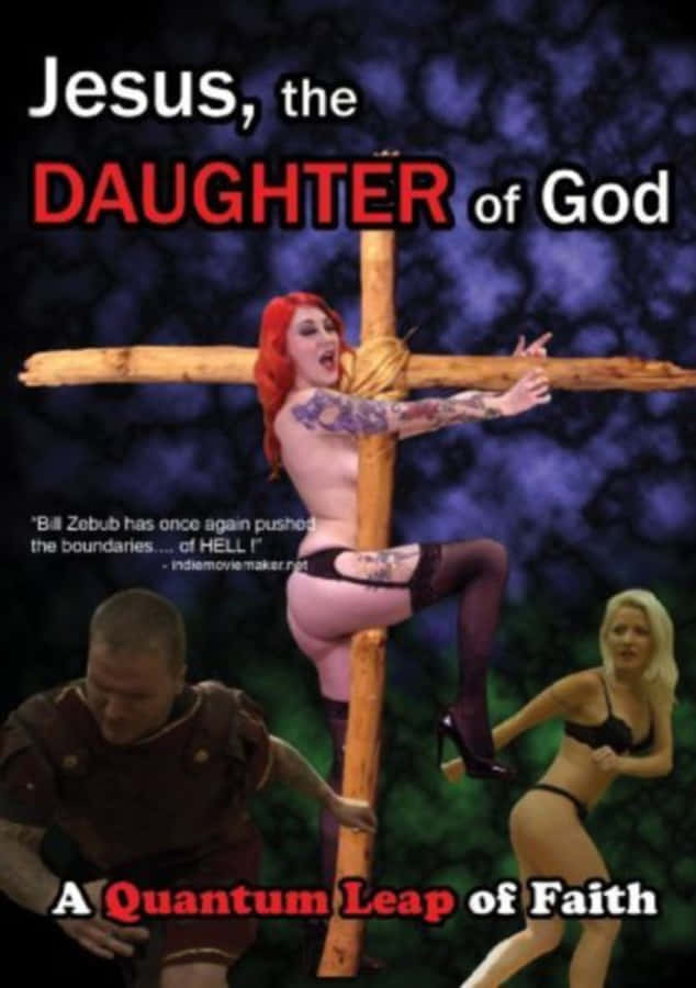 Jesus God 桌布 壁紙 — 一張挑釁性的數位藝術海報顯示，一名紋身女子穿著內衣被釘在木製十字架上，旁邊還有兩名衣著暴露的人物，背景是深紫色。