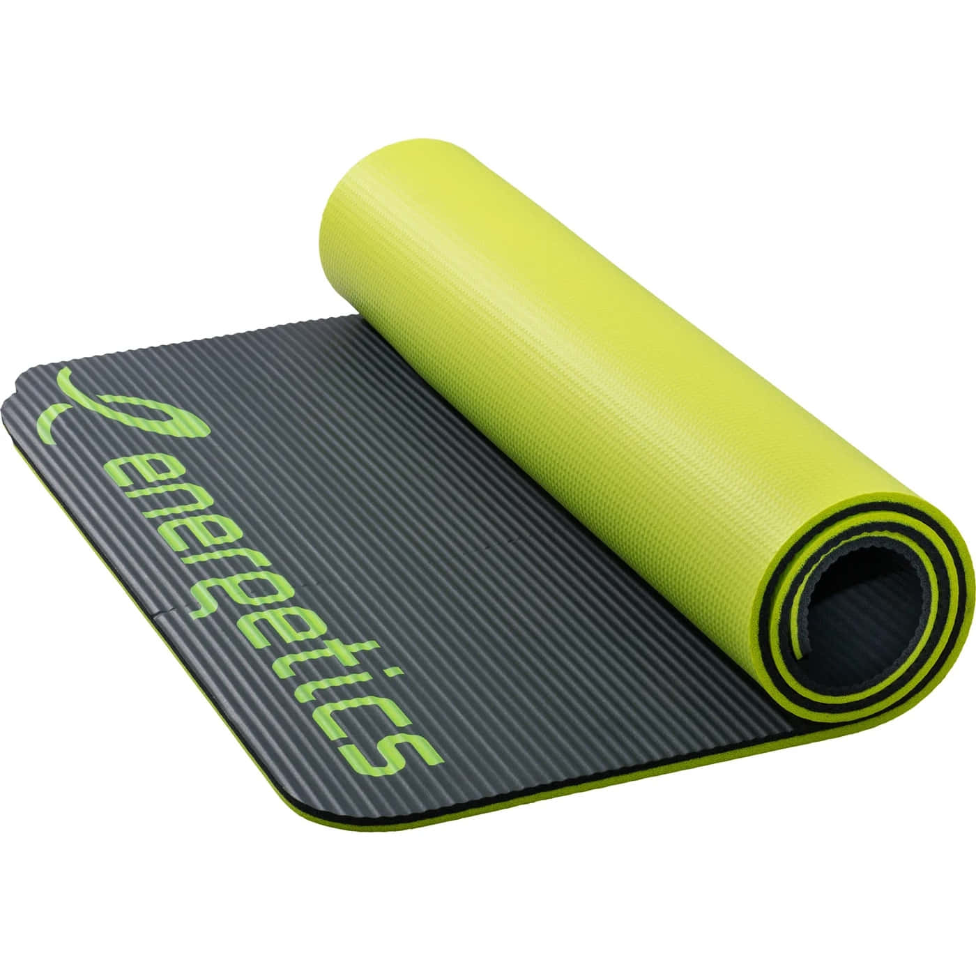 Gymnastics Mat 桌布 壁紙 — 一張捲起的亮麗青檸綠和黑色Energetics瑜珈墊，帶有紋理防滑表面，背景為純白色。