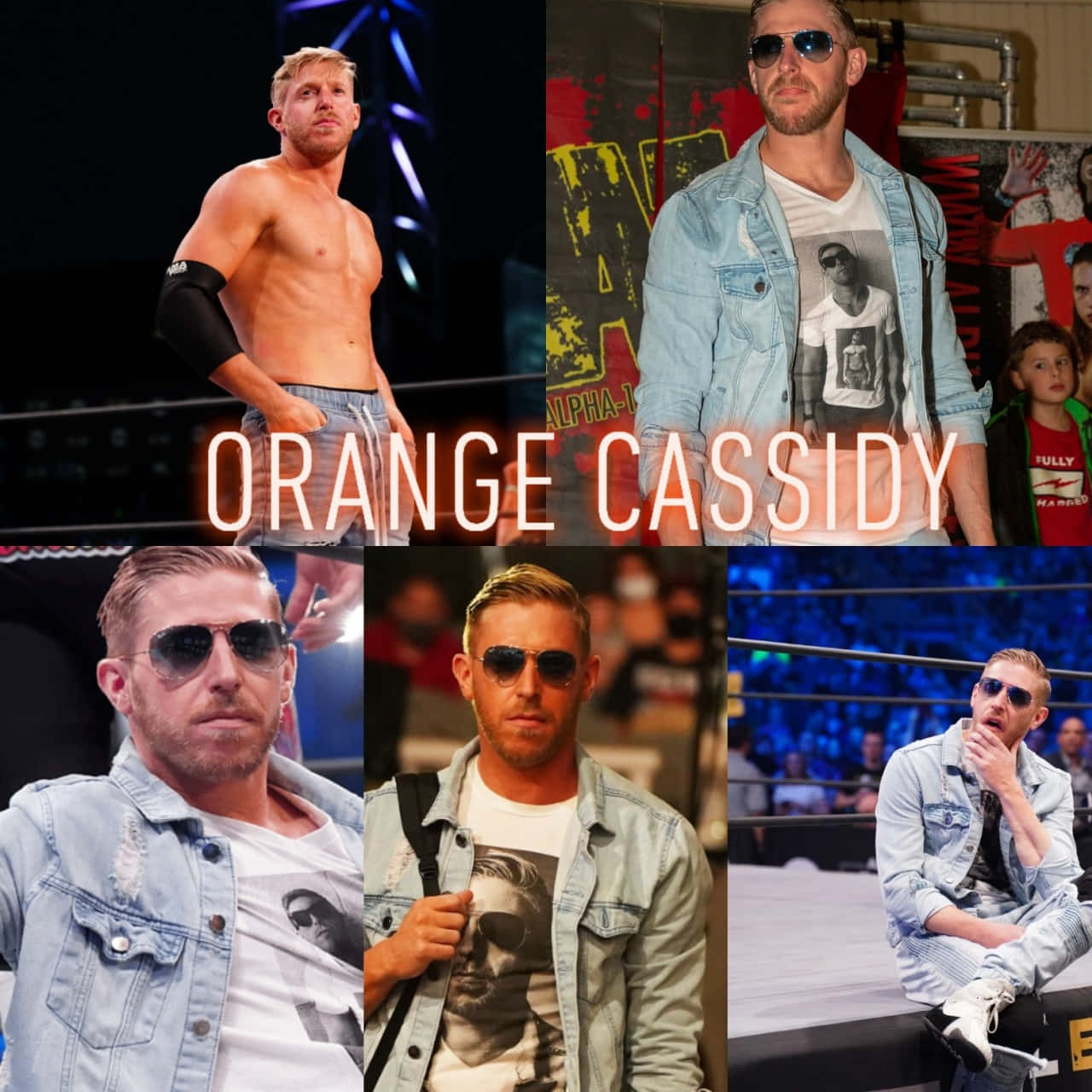 Denim 桌布 壁紙 — 一張摔角手 Orange Cassidy 穿著牛仔外套和太陽眼鏡，以不同姿勢組成的拼貼畫。