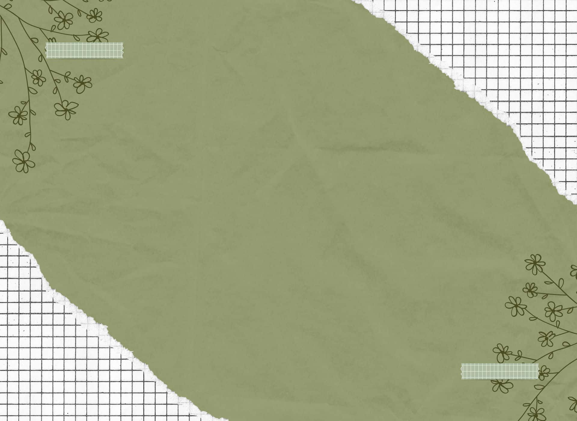 Aesthetic Green 桌布 壁紙 — 一張撕破的橄欖綠紙張，邊緣飾有精緻的花卉線條藝術和網格圖案。