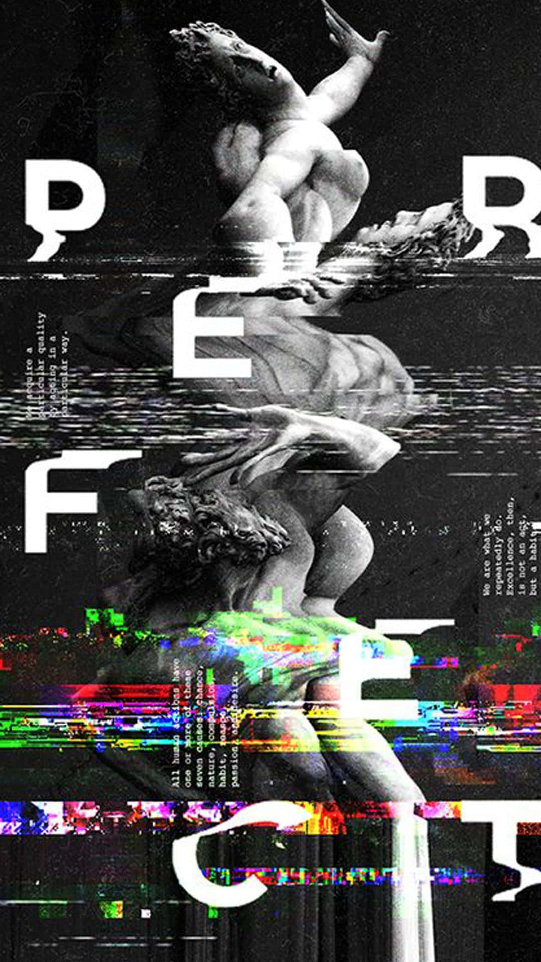 Glitch Effect 桌布 壁紙 — 一張故障藝術海報，上面有破碎的古典雕像，疊加粗體白色文字和鮮豔的數位扭曲效果。