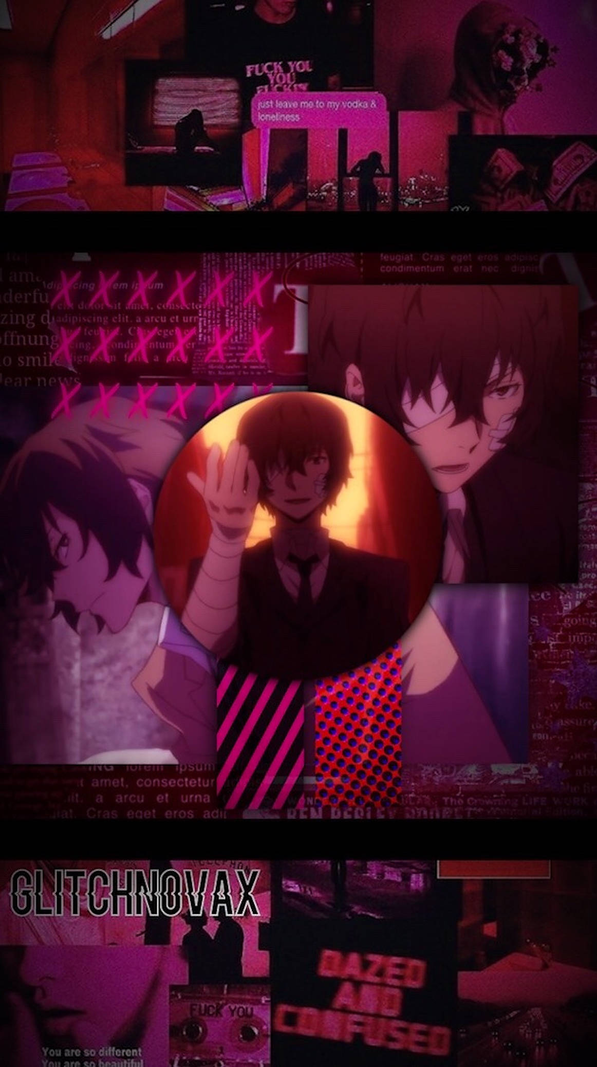 Dazai 桌布 壁紙 — 一張故障風動漫拼貼畫，中央角色位於紅色圓圈內，周圍環繞著文字和扭曲的圖像，在紫色燈光下。