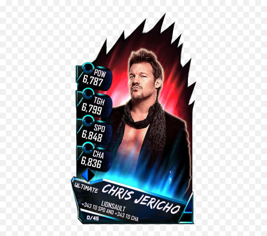 WWE 桌布 壁紙 — 一張數位摔角卡，以Chris Jericho為主角，在火紅與電藍背景上帶有發光數值。