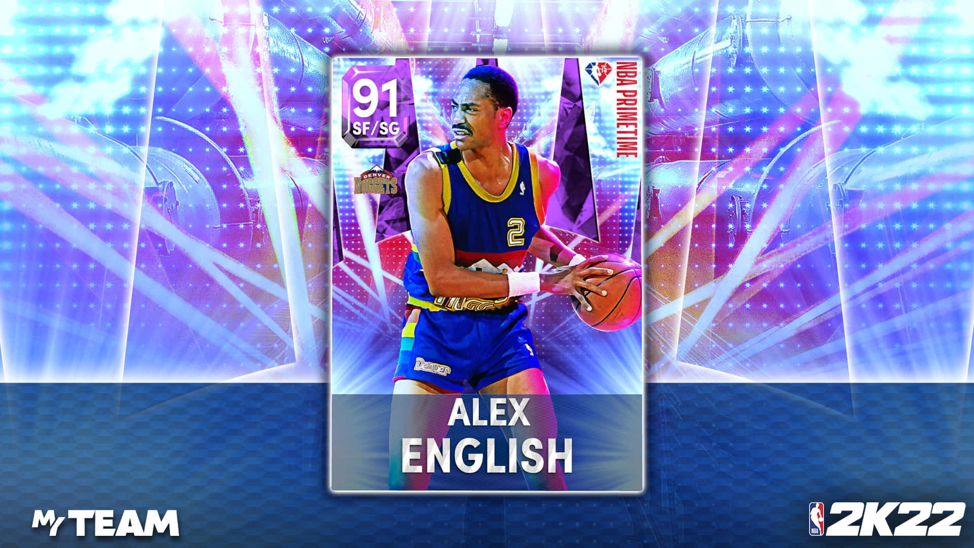 數位NBA 2K22 MyTeam卡，以身穿藍色球衣的籃球運動員Alex English為特色。 — NBA 壁紙