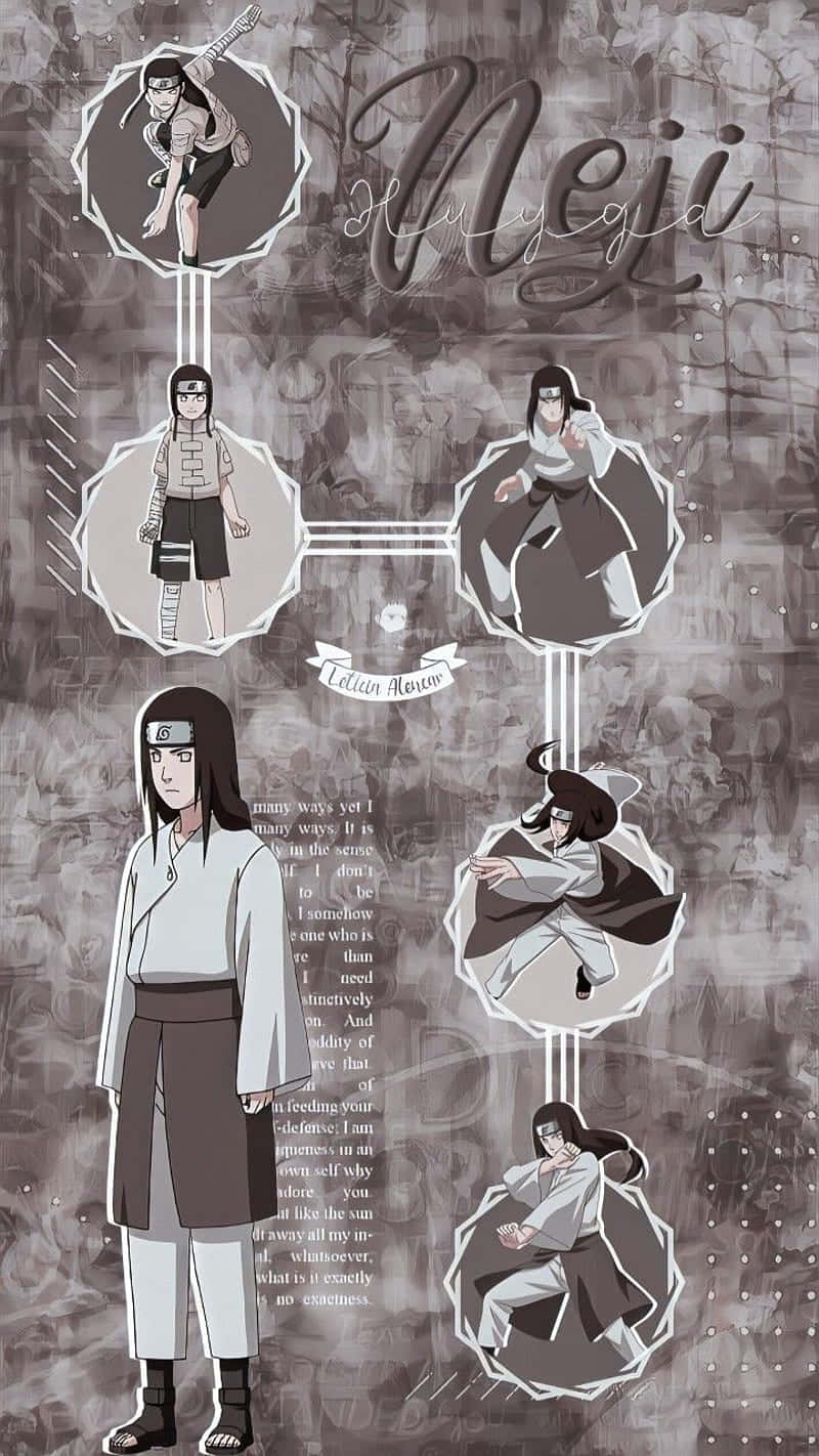 Neji Hyuga 桌布 壁紙 — 一張日向寧次的單色動畫角色表，在紋理灰色背景上展示多種姿勢和服裝。