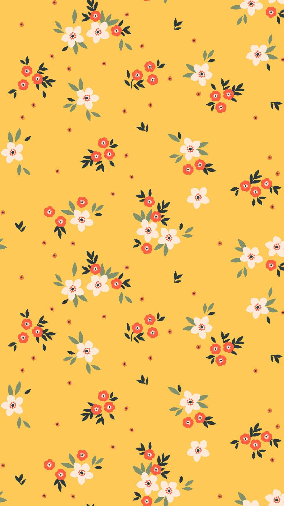 Cute Yellow Aesthetic 桌布 壁紙 — 一張明亮的黃色壁紙，點綴著散落的白色和橙色花朵及綠色葉子。