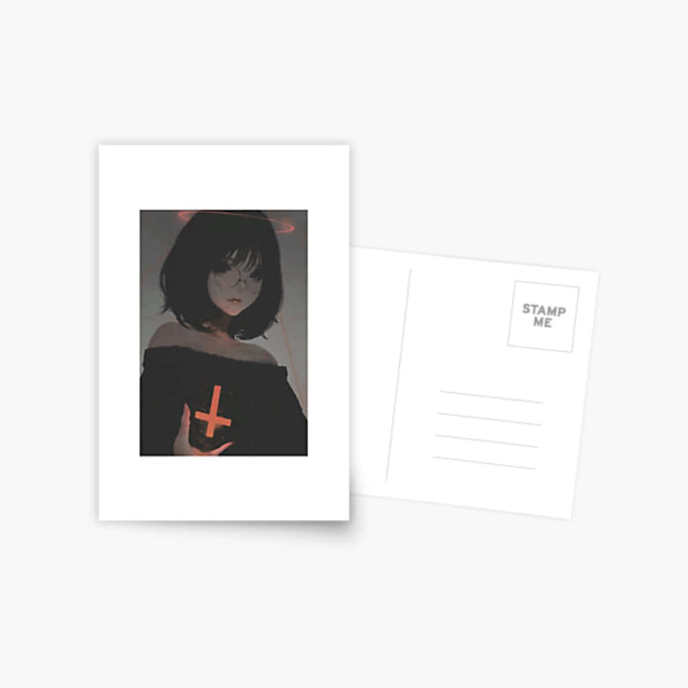 動漫風格 桌布 壁紙 — 一張明信片，上面有一個短黑髮的動漫女孩，在微弱的光環下拿著一個發光的橙色十字架。