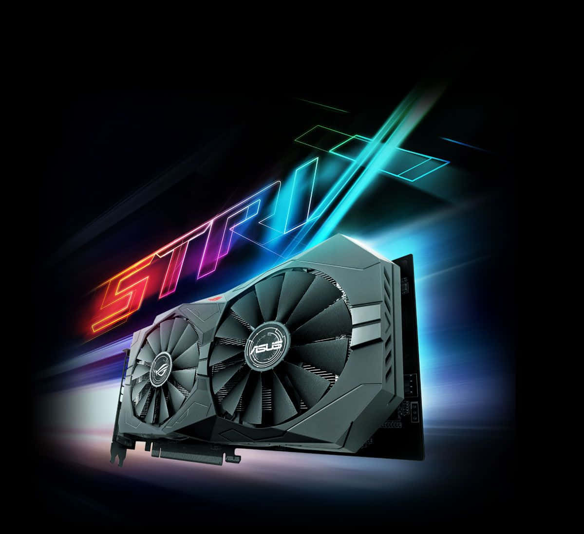 4K Graphics Cards 桌布 壁紙 — 一張時尚的ASUS雙風扇顯示卡在黑暗背景上閃爍著鮮豔的霓虹條紋，拼出STRIX。