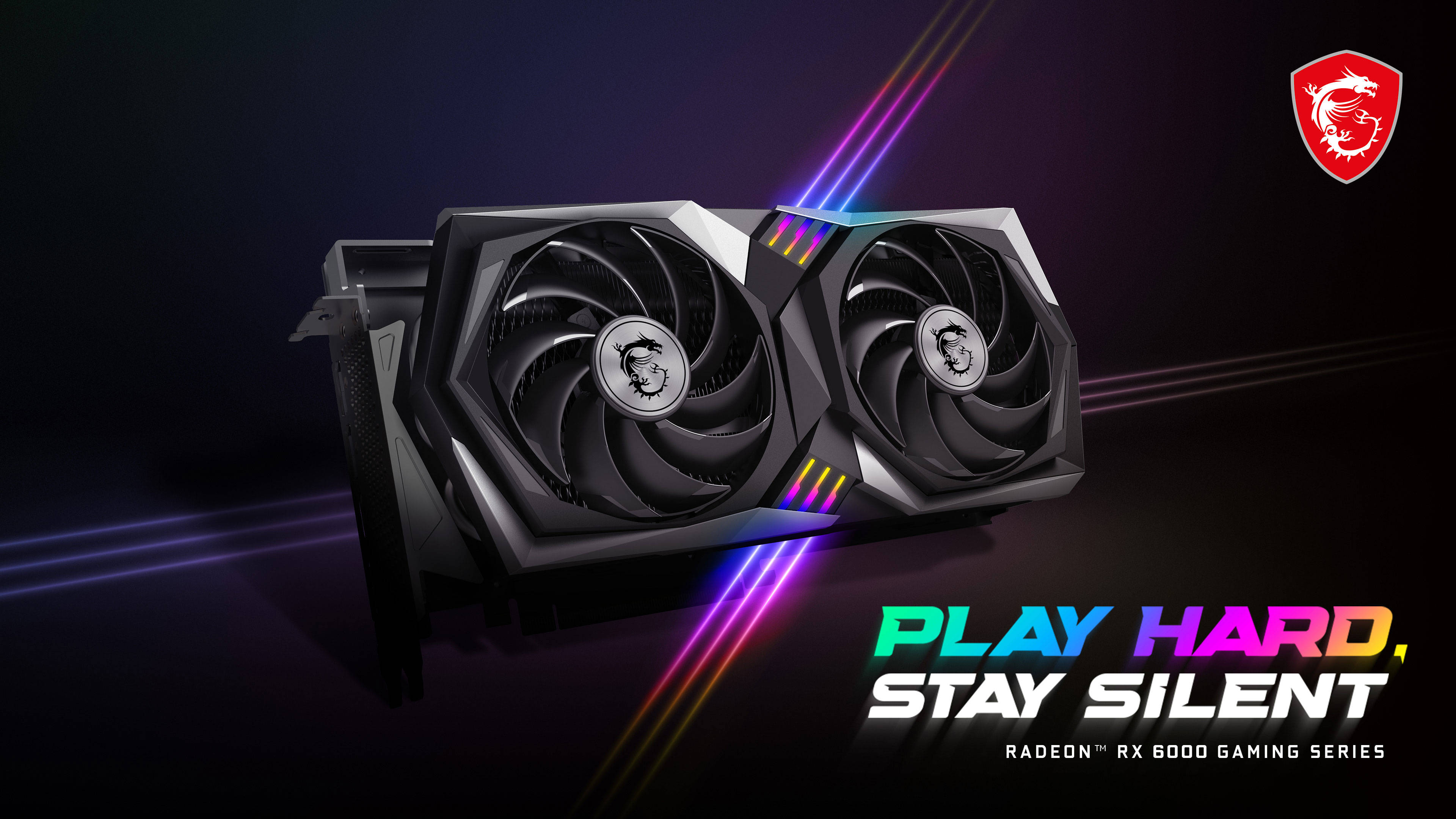 MSI 4K 桌布 壁紙 — 一張時尚的MSI Radeon RX 6000遊戲顯示卡，配備雙風扇和RGB燈光，背景為帶有霓虹條紋的深色背景。