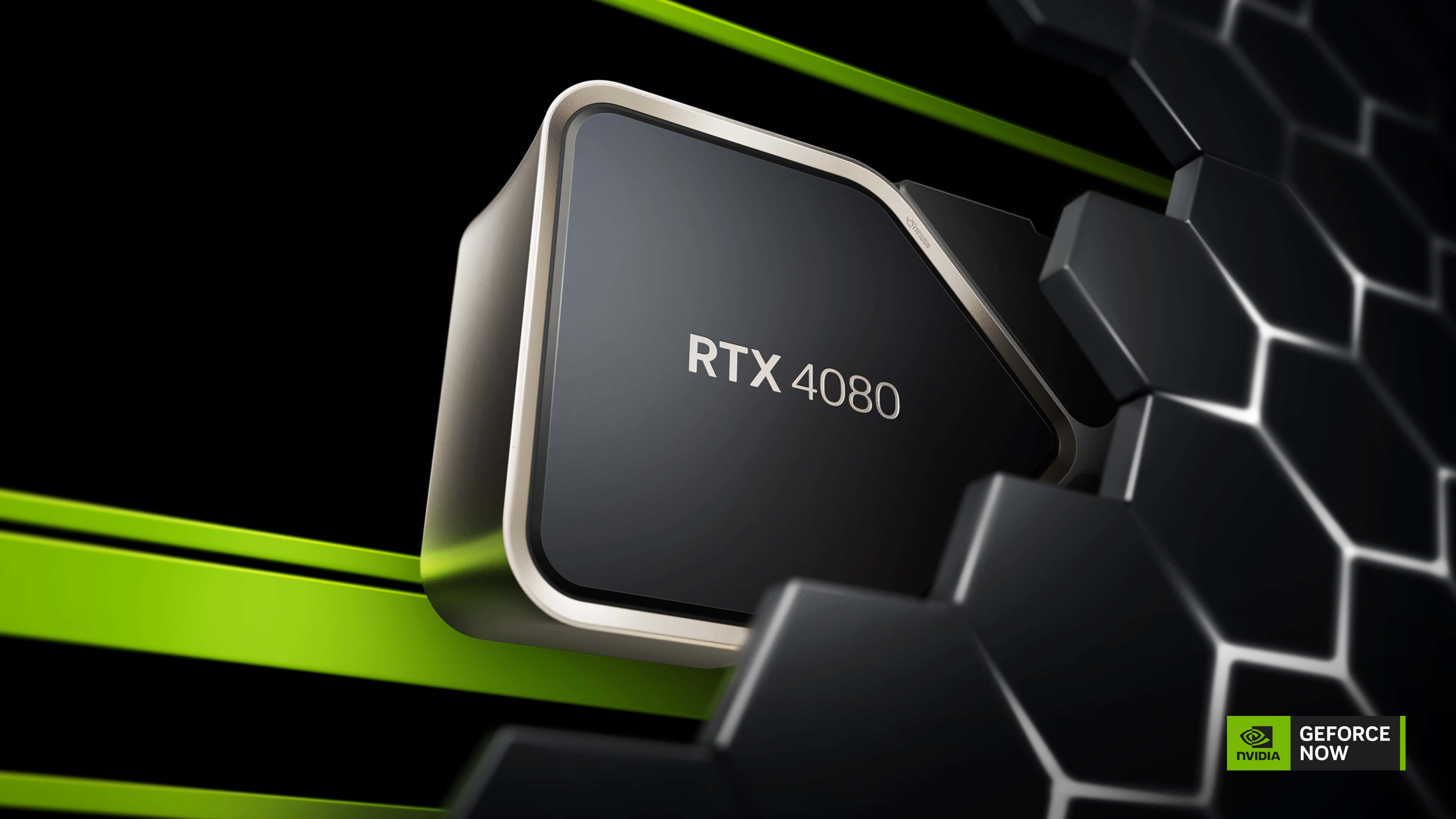 nvidia 桌布 壁紙 — 一張時尚的RTX 4080顯示卡，帶有發光的綠色點綴，置於黑色六邊形背景上。