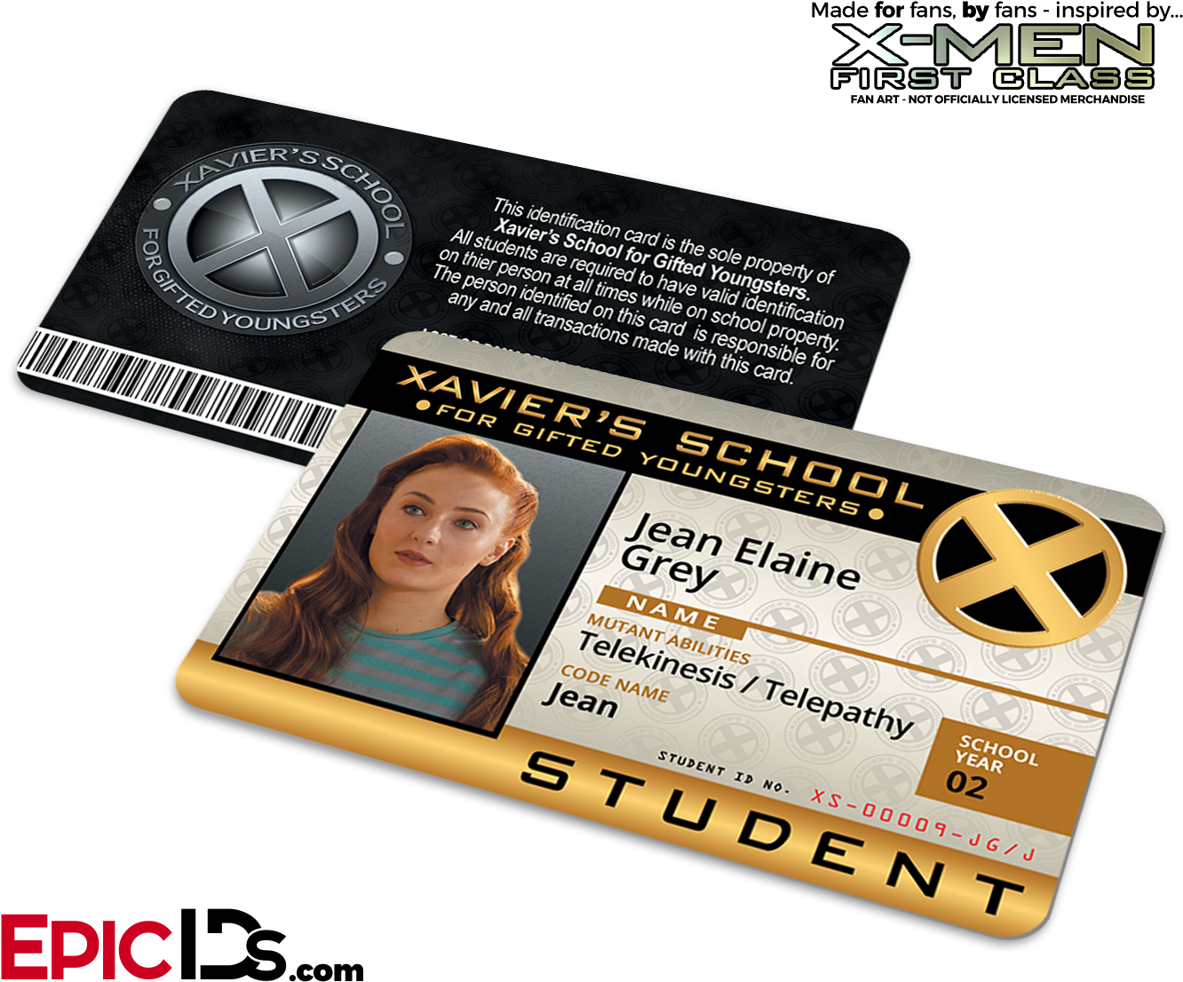 身分 桌布 壁紙 — 一張時尚的學生證，屬於Xavier天才青少年學校的Jean Grey，上面有她的照片、變種人能力和學年，背景為黑色。