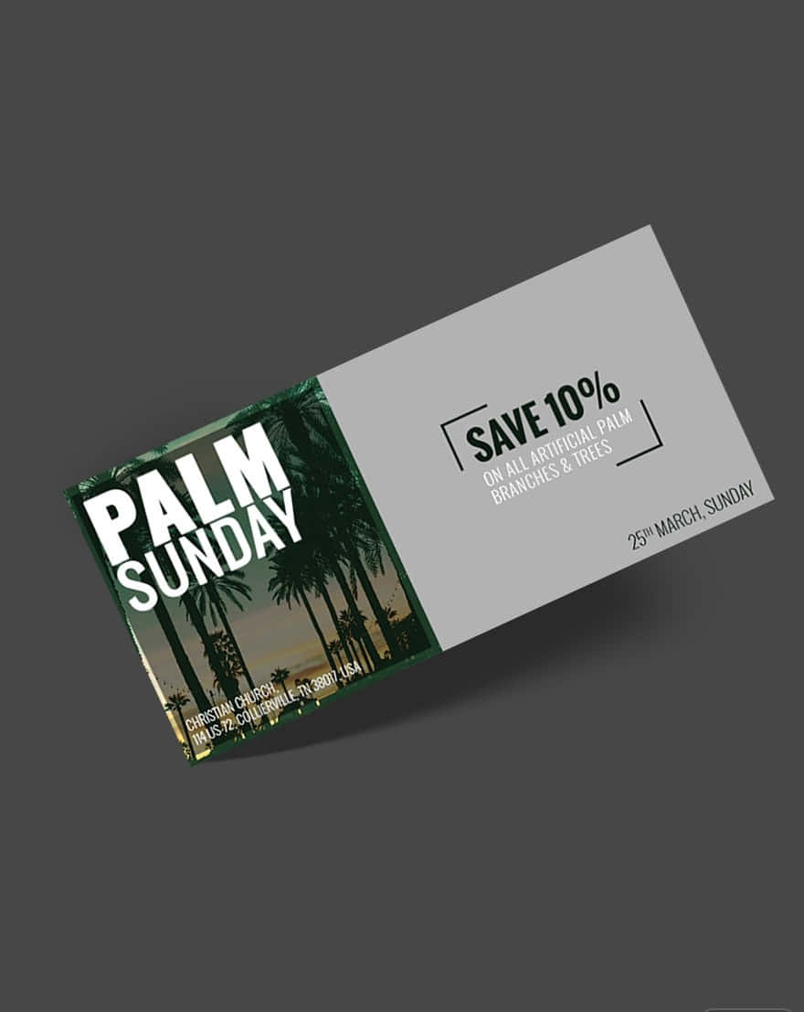 Palm Sunday 桌布 壁紙 — 一張時尚的宣傳卡傾斜放在深灰色表面上，為基督教教會的棕枝主日宣傳人造棕櫚枝和樹木的10%折扣。