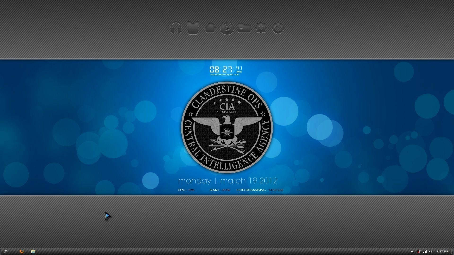 Cia 桌布 壁紙 — 一張時尚的藍色數位桌布在深灰色紋理桌面上顯示CIA秘密行動印章及系統統計數據。