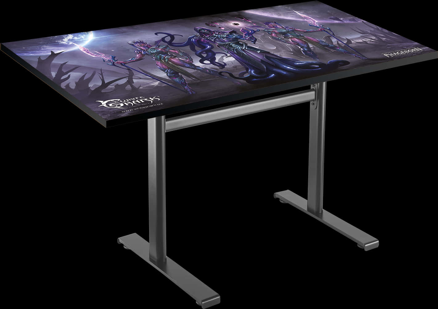 Desk 桌布 壁紙 — 一張時尚的遊戲桌，上面有生動的奇幻藝術作品，描繪了發光的紫色和藍色盔甲人物在黑暗風暴背景下揮舞魔法武器。