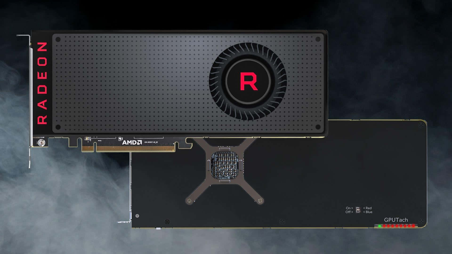 AMD 桌布 壁紙 — 一張時尚的黑色 AMD Radeon 顯示卡，帶有紅色點綴和中央風扇，顯示在煙霧瀰漫的深色背景上。