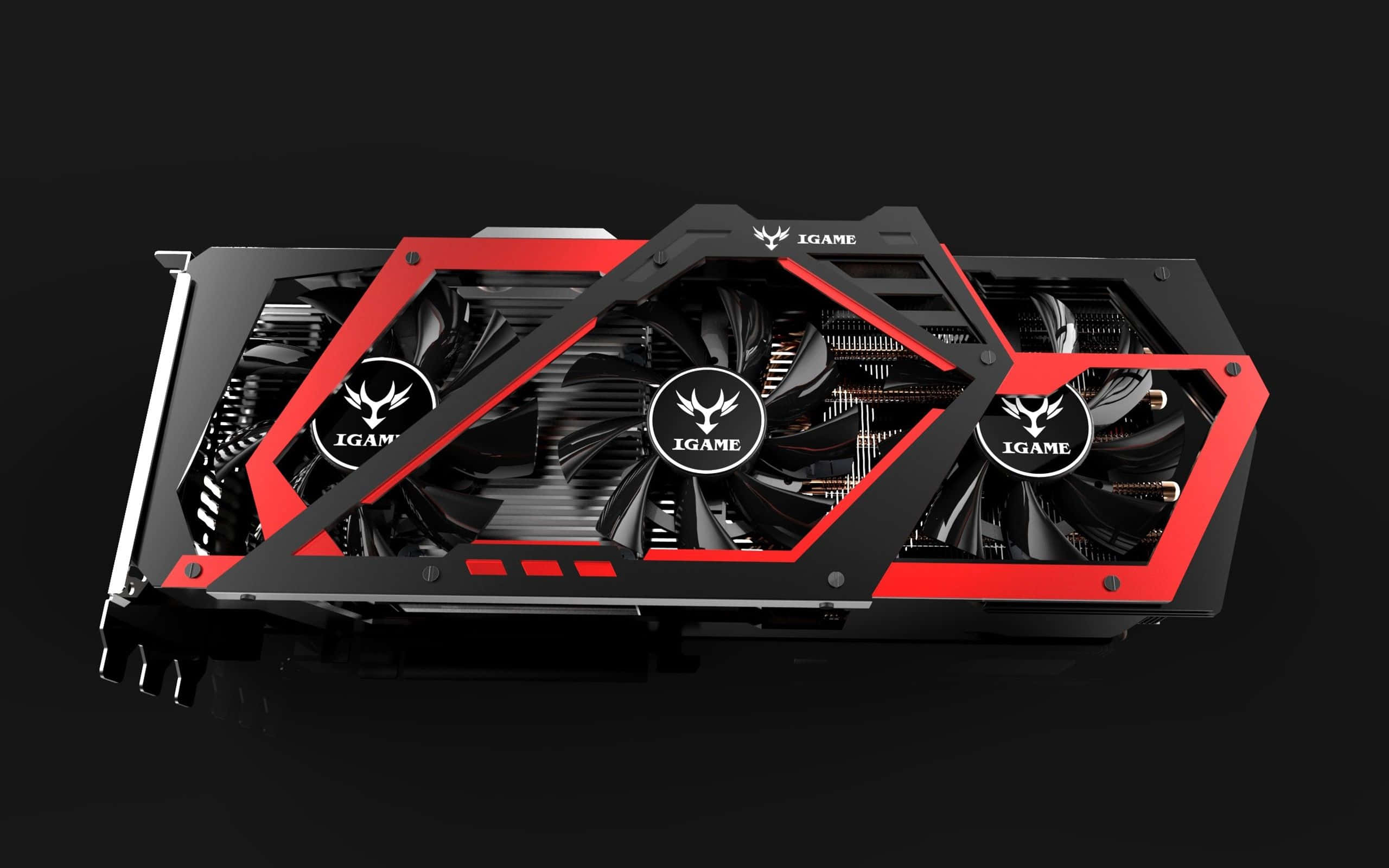 4K Graphics Cards 桌布 壁紙 — 一張時尚的黑色和紅色 iGame 顯示卡，配備三個風扇和棱角設計，以深色背景襯托。