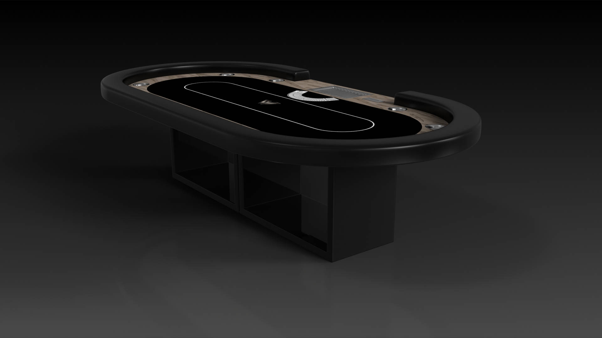 Poker 桌布 壁紙 — 一張時尚的黑色撲克桌，帶有木質裝飾和籌碼槽，放置在簡約的暗色工作室空間中央。