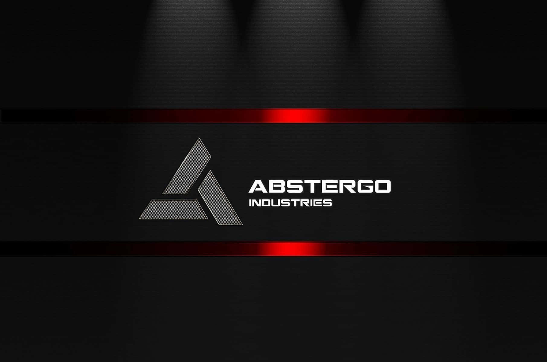Abstergo 桌布 壁紙 — 一張時尚的黑色桌布，展示由聚光燈照亮、帶有發光紅色水平條紋的Abstergo Industries標誌。