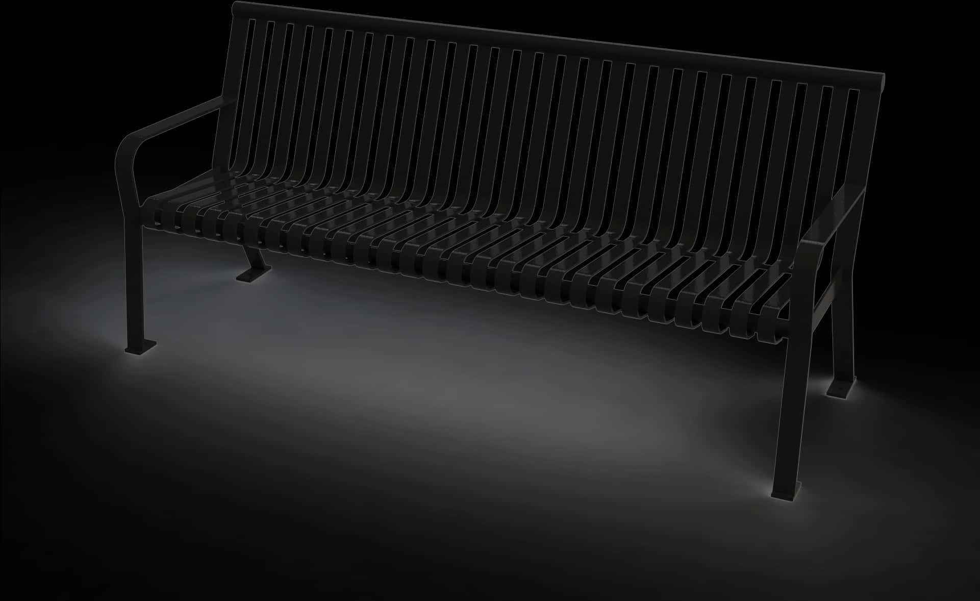 Park Bench 桌布 壁紙 — 一張時尚的黑色金屬長椅，採用板條設計，在戲劇性的聚光燈下獨自矗立在黑暗的虛空中。