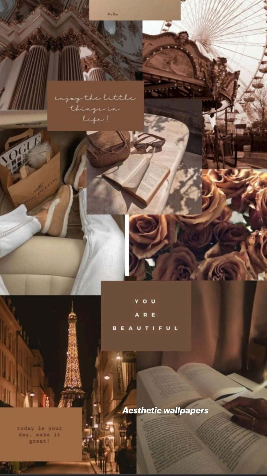 Life Aesthetic 桌布 壁紙 — 一張暖色調的拼貼畫，包含玫瑰、書籍、巴黎之夜和復古乘騎，喚起寧靜的懷舊感。