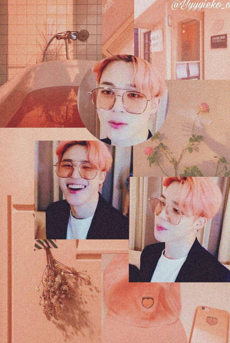Jimin Aesthetic 桌布 壁紙 — 一張暖色調的拼貼畫，展示了一位粉紅色頭髮、戴眼鏡的年輕男子在各種自然時刻和場景中的模樣。