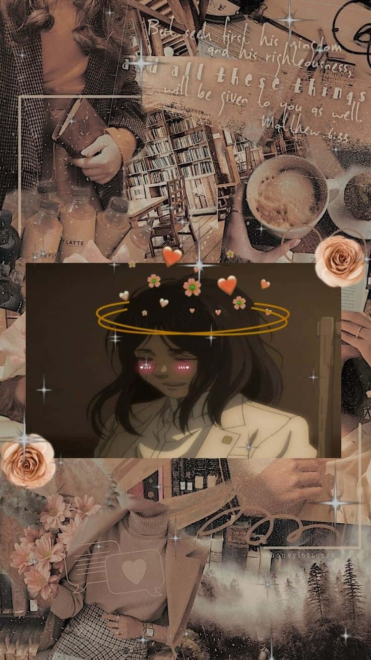桌布 壁紙 — 一張暖色調的拼貼畫，描繪一個帶有光環的女孩，被書籍、咖啡和花朵環繞，營造出舒適的美感。