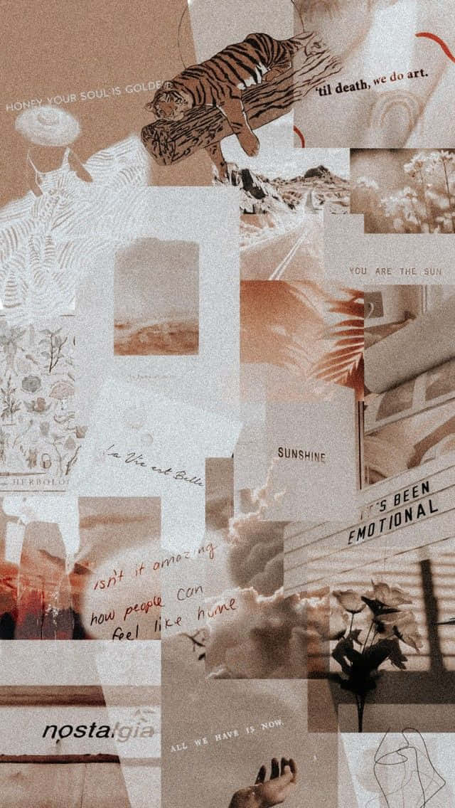 Modern Aesthetic 桌布 壁紙 — 一張暖色調的拼貼畫，由零碎的照片和手寫語錄組成，喚起懷舊與情感反思。