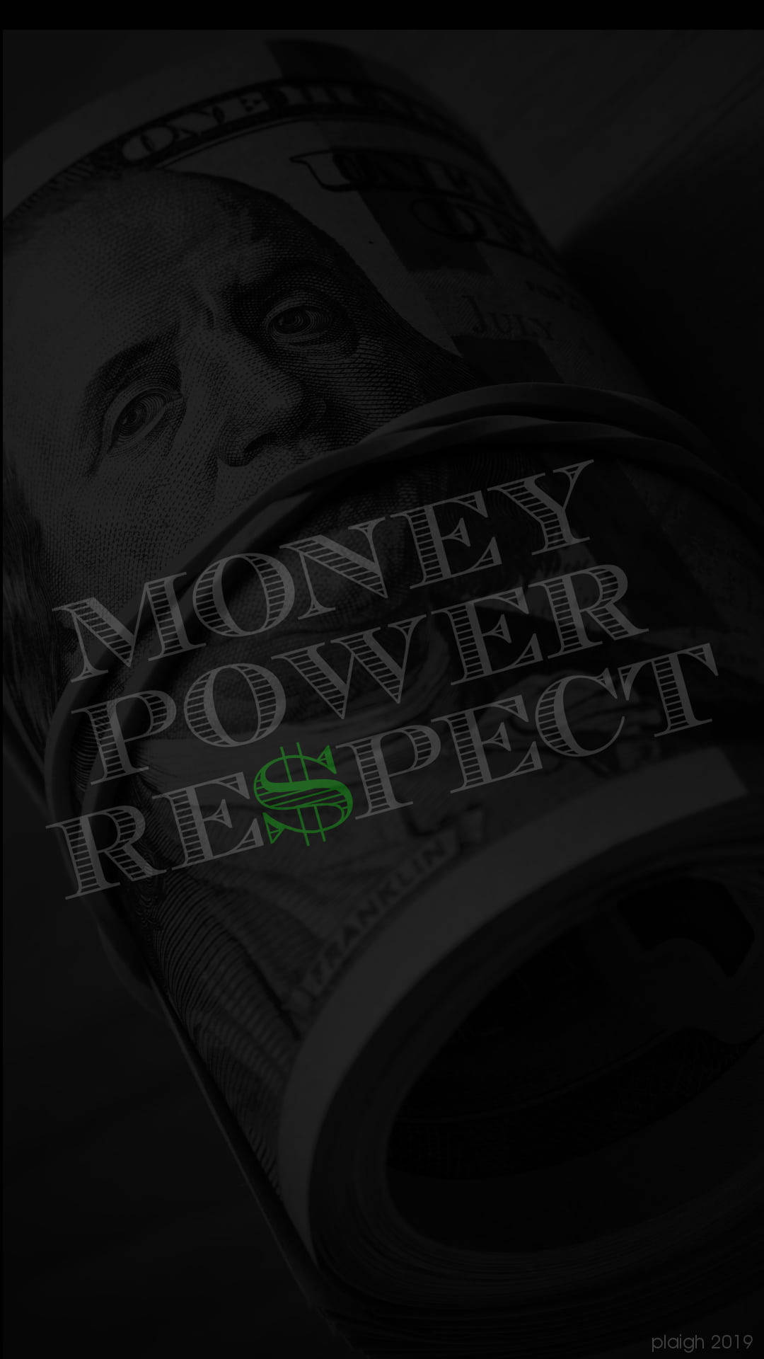 money iPhone 桌布 壁紙 — 一張暗光下捲起的百元美鈔，上面疊加粗體文字money power respect。