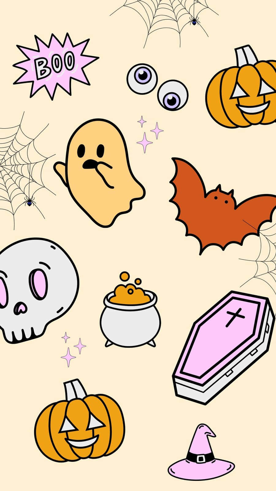 iPhone Cute Halloween 桌布 壁紙 — 一張有趣的萬聖節桌布，米色背景上有卡通幽靈、蝙蝠、南瓜和蜘蛛網。
