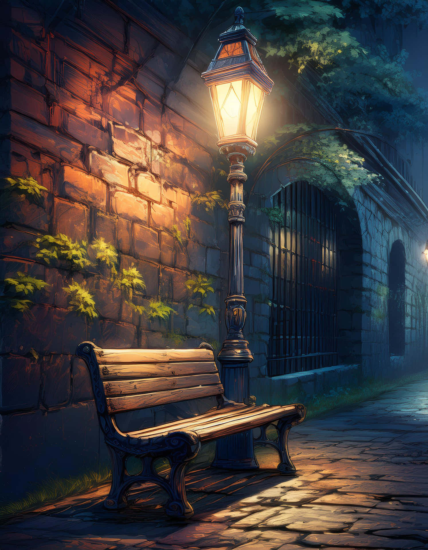 A Quiet Bench Under the Street Lights at Night 壁紙 — 一張木凳位於發光的復古街燈下，將溫暖的光線投射在石牆和鵝卵石小徑上。