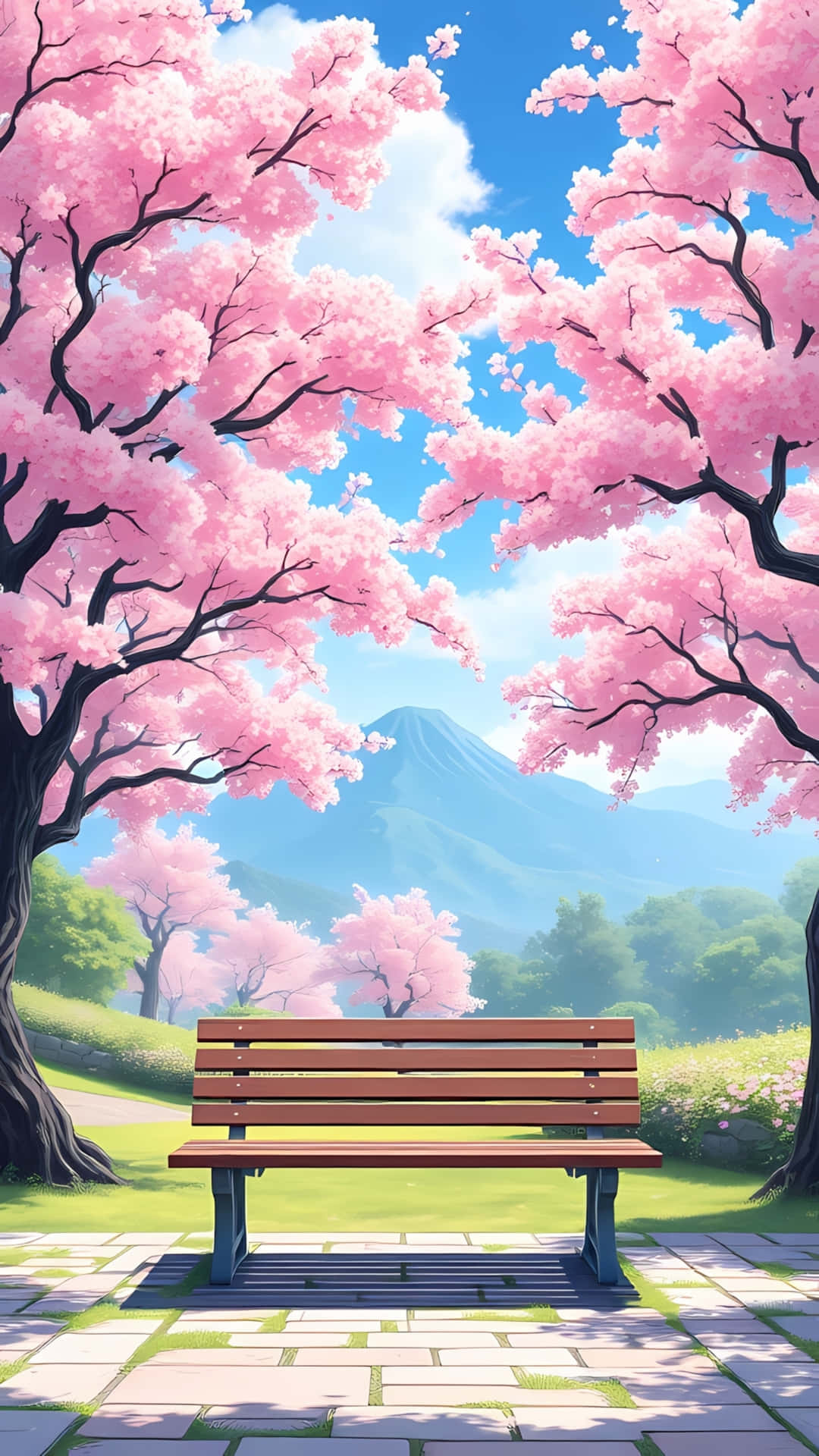 Beautiful Cherry Blossoms Park with Mountain View 壁紙 — 一張木凳放在盛開的粉紅色櫻花樹下，遠處有山，天空湛藍。