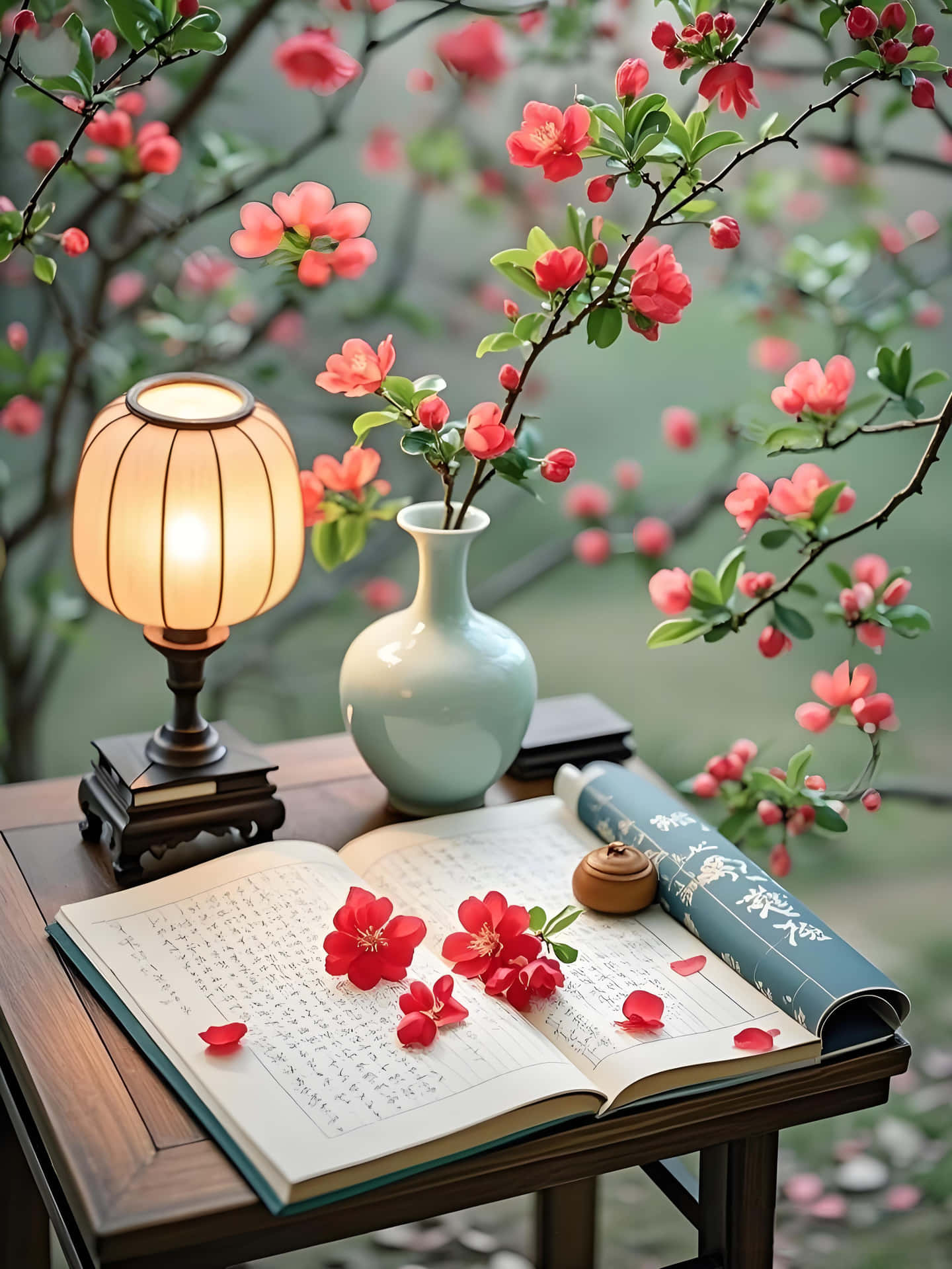 Desk Under Blossoms: Chinese Elegant Poetic Wallpaper 壁紙 — 一張木桌上放著一本打開的書，書頁上散落著紅色花朵，旁邊有一盞發光的燈籠和一個插著粉紅色花枝的花瓶。