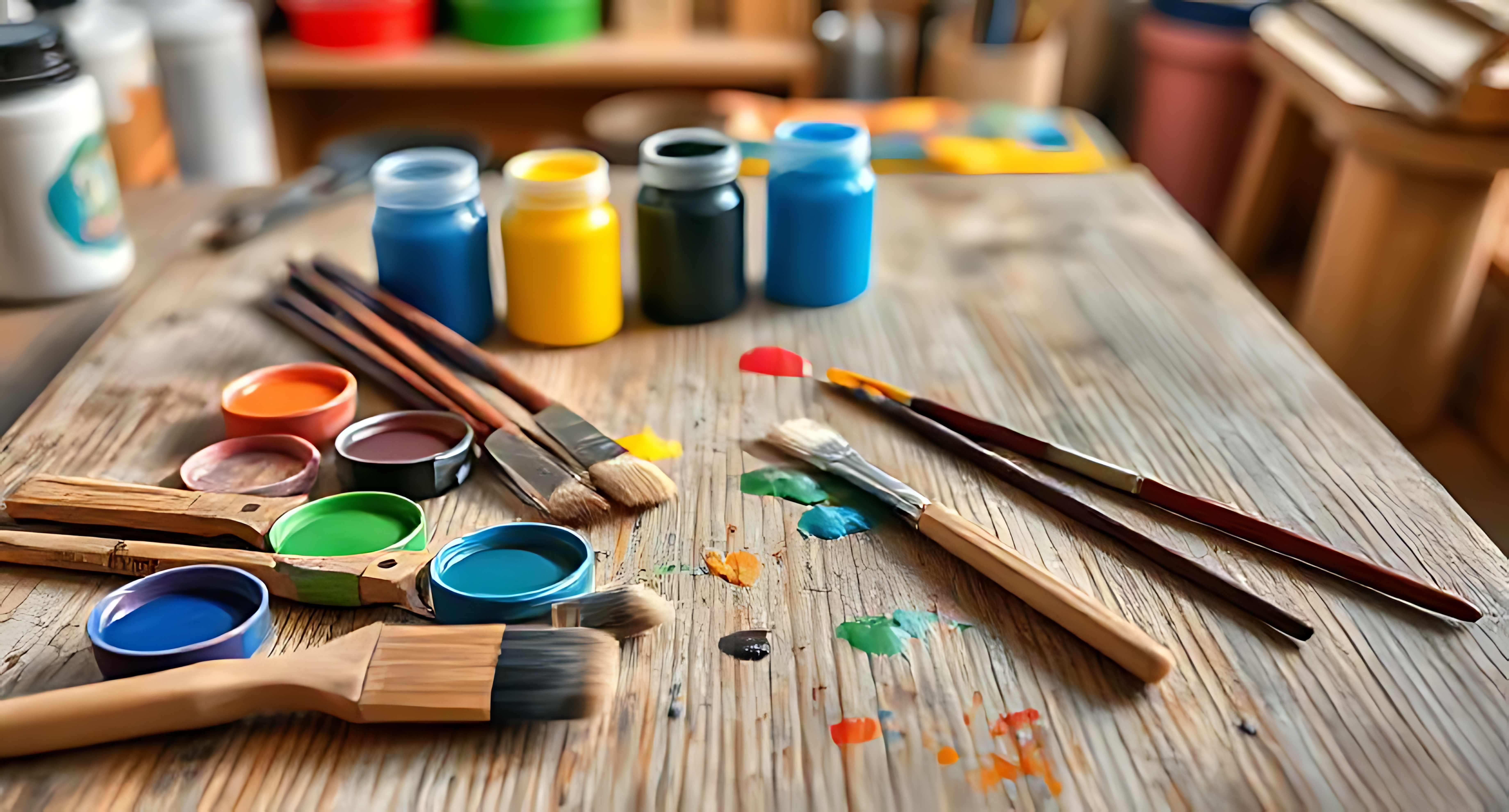 Craft 桌布 壁紙 — 一張木桌上散落著色彩繽紛的顏料罐、畫筆和充滿活力的壓克力顏料飛濺，位於創意藝術家的工作空間。