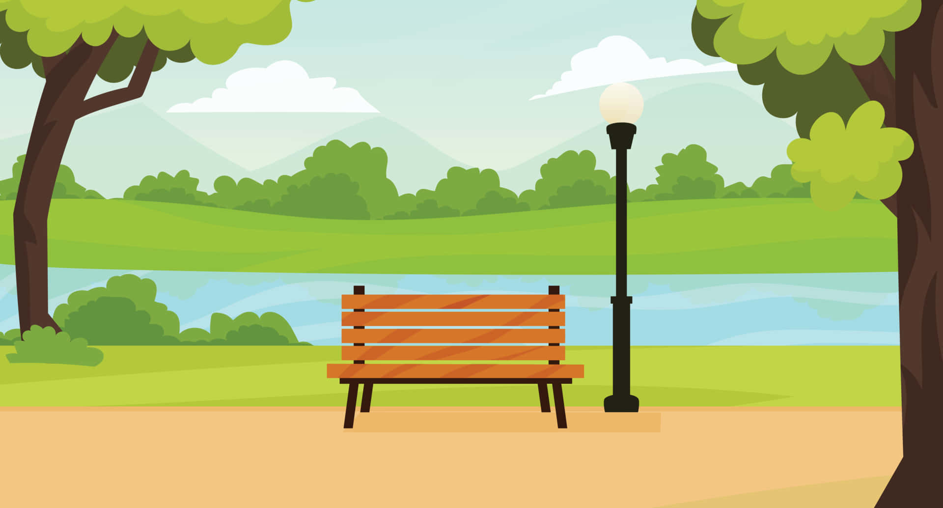 公園 桌布 壁紙 — 一張木製長椅位於寧靜公園的街燈旁，公園內有河流、綠樹和遠山，天空晴朗。